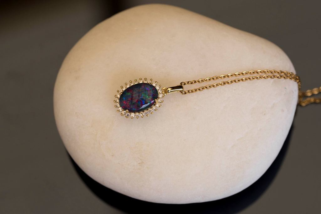 Australian Opal Halo Cluster Luxury Design - Multi Color Fire Opal Necklace - Genuine Australian Triplet Opal Necklace Pendant in Sterling Silver Yellow Gold Plated