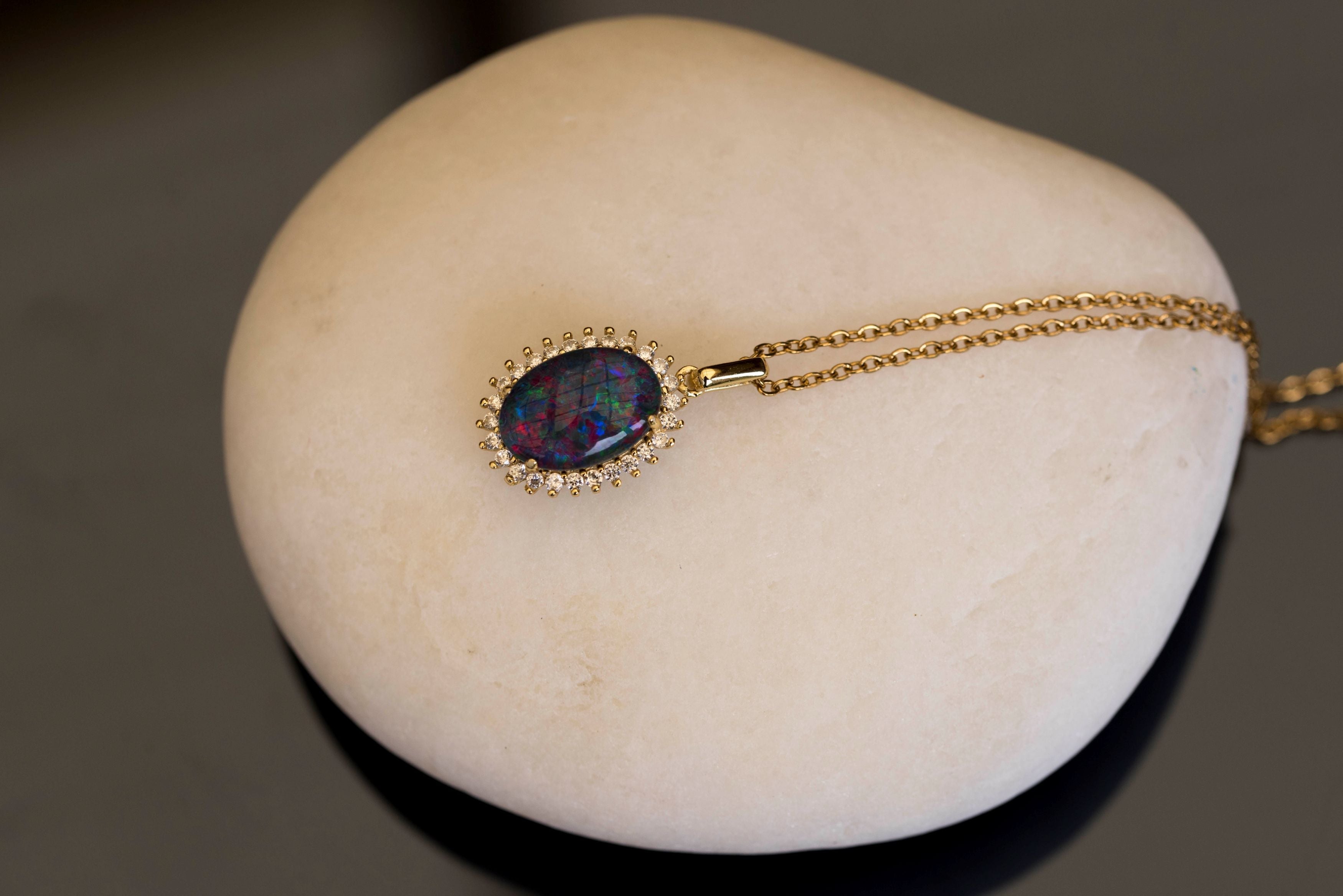 Australian Opal Halo Cluster Luxury Design - Multi Color Fire Opal Necklace - Genuine Australian Triplet Opal Necklace Pendant in Sterling Silver Yellow Gold Plated