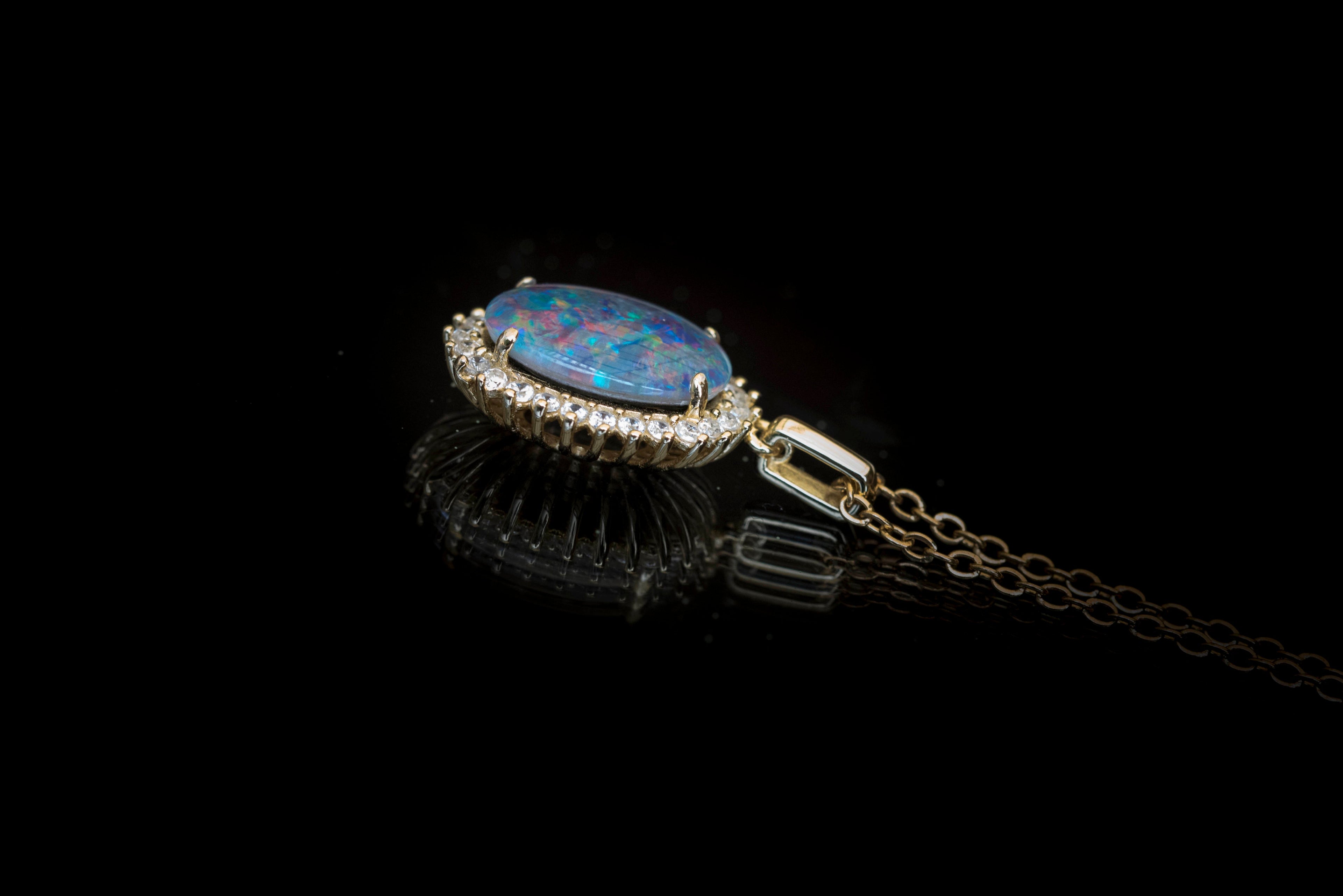 Australian Opal Halo Cluster Luxury Design - Multi Color Fire Opal Necklace - Genuine Australian Triplet Opal Necklace Pendant in Sterling Silver Yellow Gold Plated