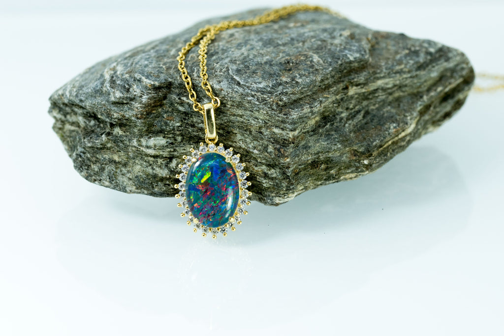 Australian Opal Halo Cluster Luxury Design - Multi Color Fire Opal Necklace - Genuine Australian Triplet Opal Necklace Pendant in Sterling Silver Yellow Gold Plated