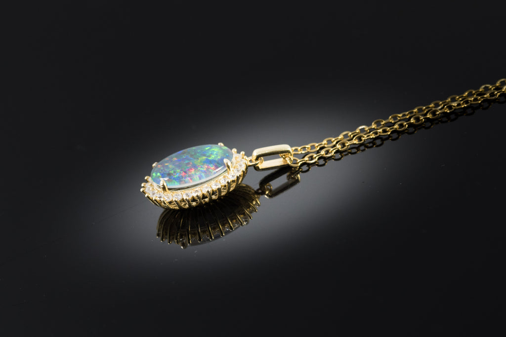 Australian Opal Halo Cluster Luxury Design - Multi Color Fire Opal Necklace - Genuine Australian Triplet Opal Necklace Pendant in Sterling Silver Yellow Gold Plated