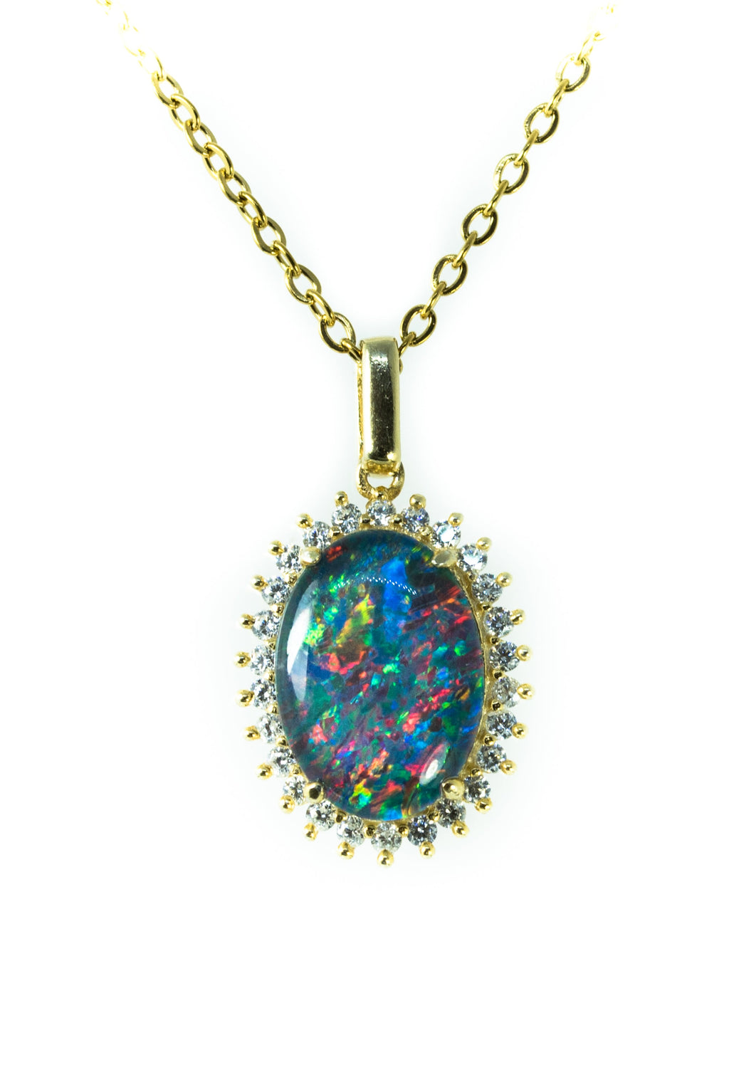 Australian Opal Halo Cluster Luxury Design - Multi Color Fire Opal Necklace - Genuine Australian Triplet Opal Necklace Pendant in Sterling Silver Yellow Gold Plated
