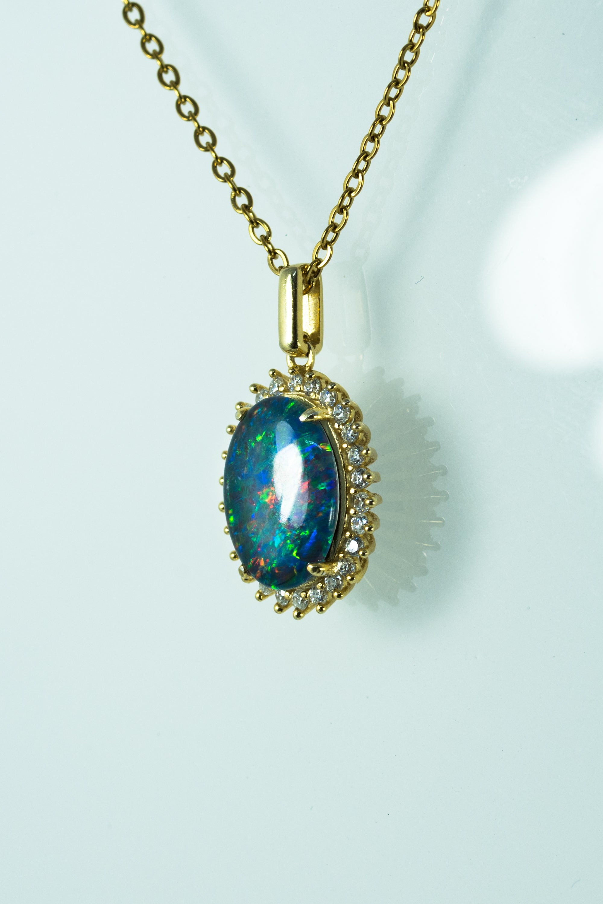 Australian Opal Halo Cluster Luxury Design - Multi Color Fire Opal Necklace - Genuine Australian Triplet Opal Necklace Pendant in Sterling Silver Yellow Gold Plated