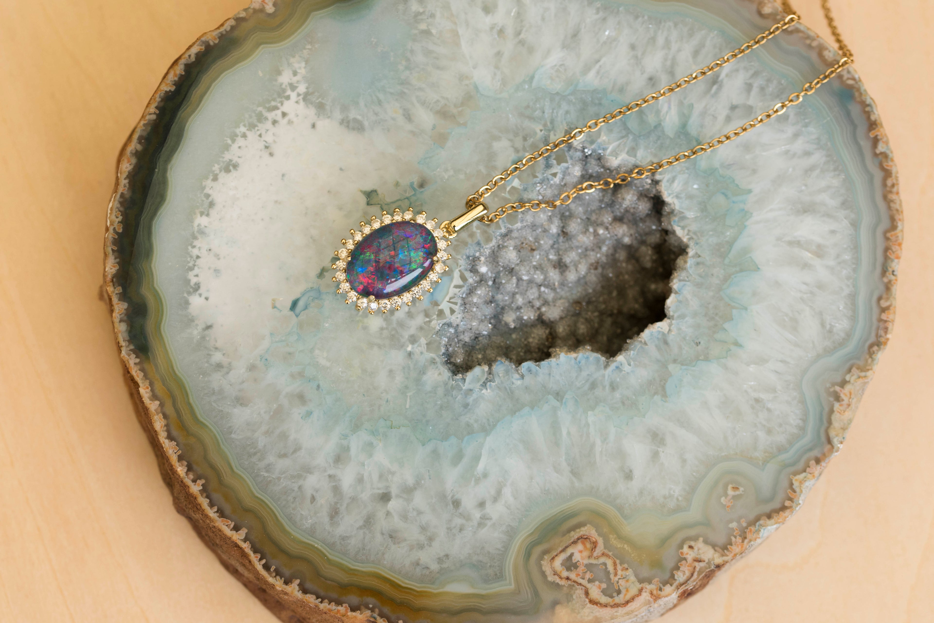 Australian Opal Halo Cluster Luxury Design - Multi Color Fire Opal Necklace - Genuine Australian Triplet Opal Necklace Pendant in Sterling Silver Yellow Gold Plated