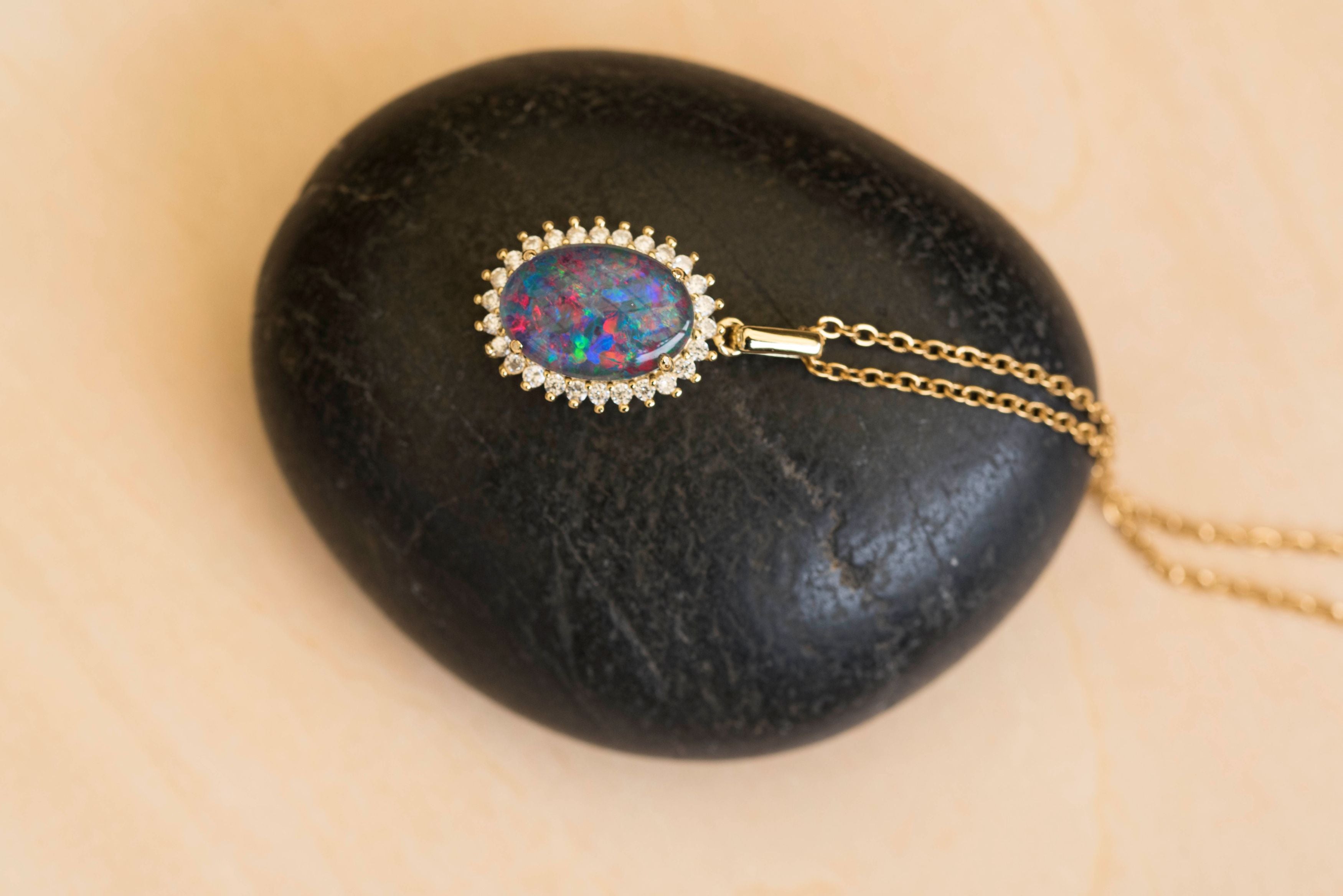 Australian Opal Halo Cluster Luxury Design - Multi Color Fire Opal Necklace - Genuine Australian Triplet Opal Necklace Pendant in Sterling Silver Yellow Gold Plated