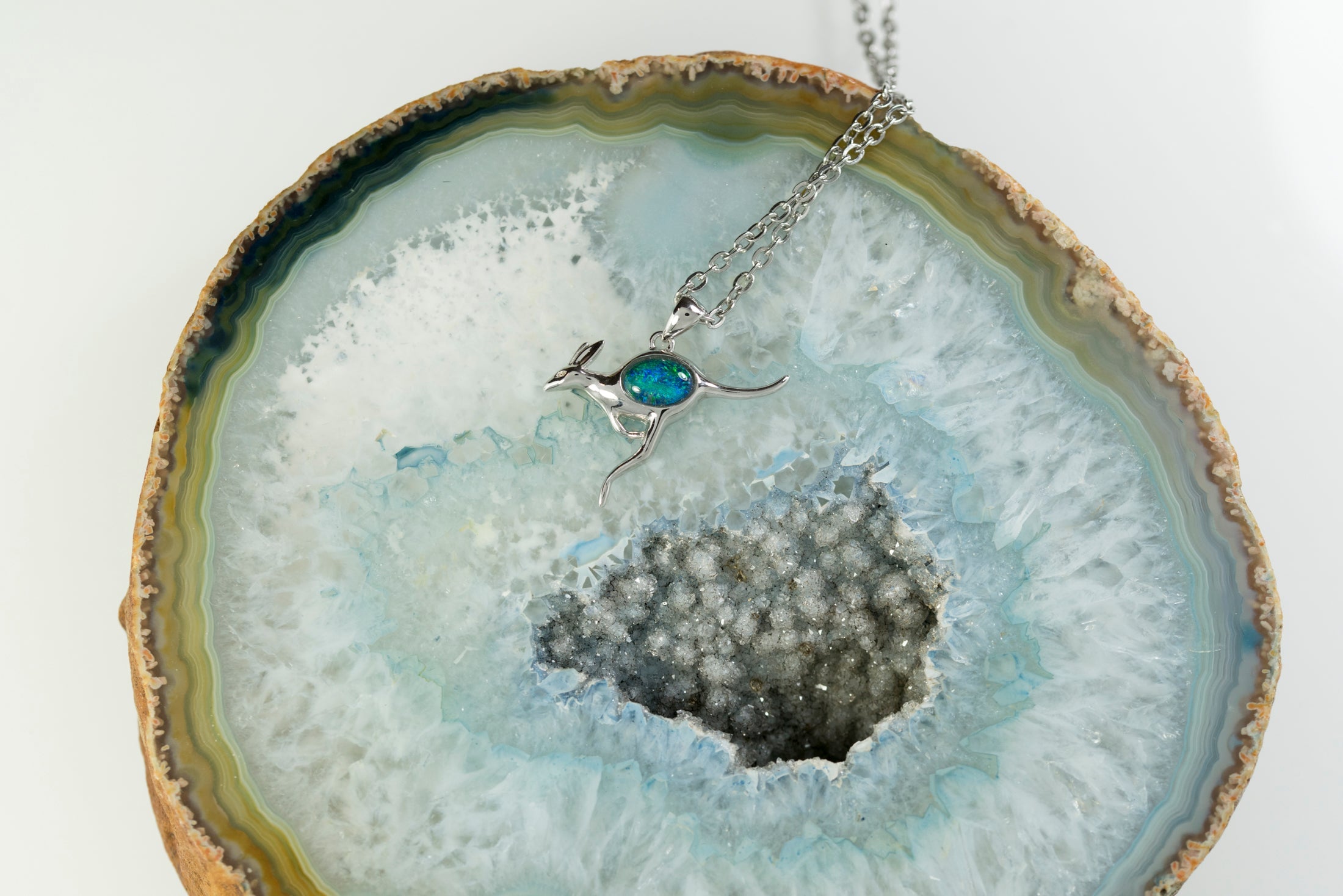 Australian Opal Kangaroo Pendant - Multi Color Fire Opal Necklace - Genuine Australian Triplet Opal Necklace Pendant in Sterling Silver White Gold Plated