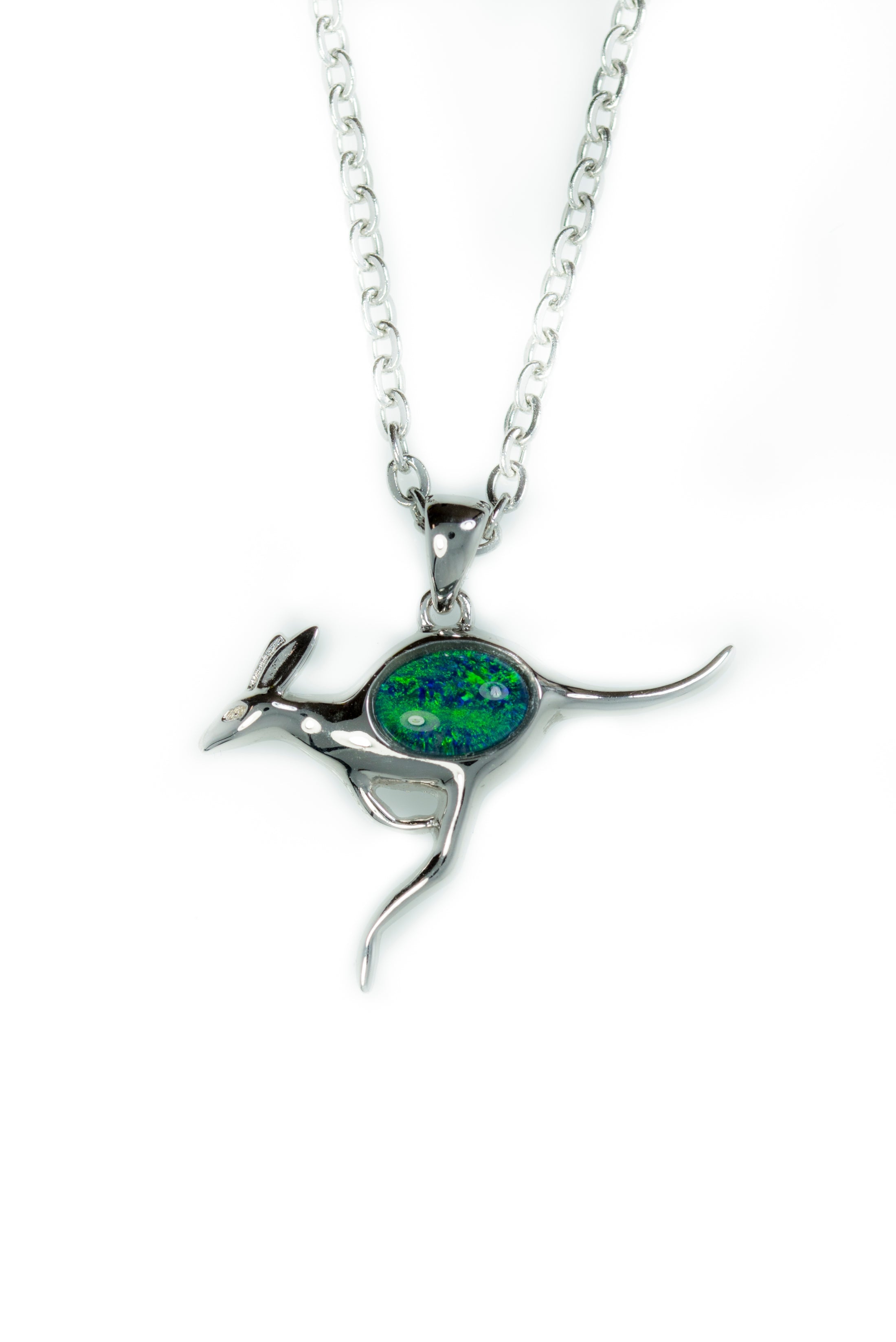 Australian Opal Kangaroo Pendant - Multi Color Fire Opal Necklace - Genuine Australian Triplet Opal Necklace Pendant in Sterling Silver White Gold Plated