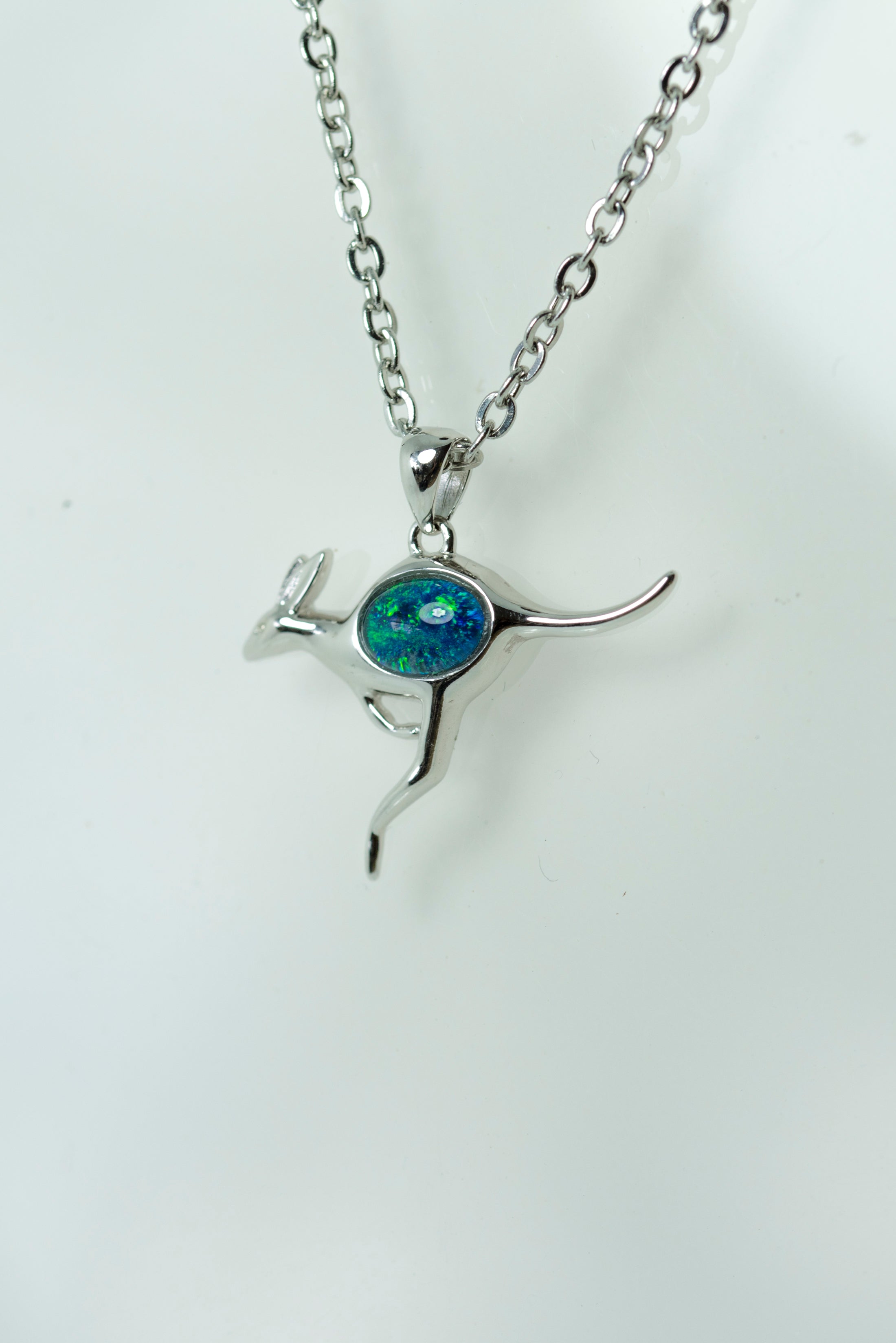 Australian Opal Kangaroo Pendant - Multi Color Fire Opal Necklace - Genuine Australian Triplet Opal Necklace Pendant in Sterling Silver White Gold Plated