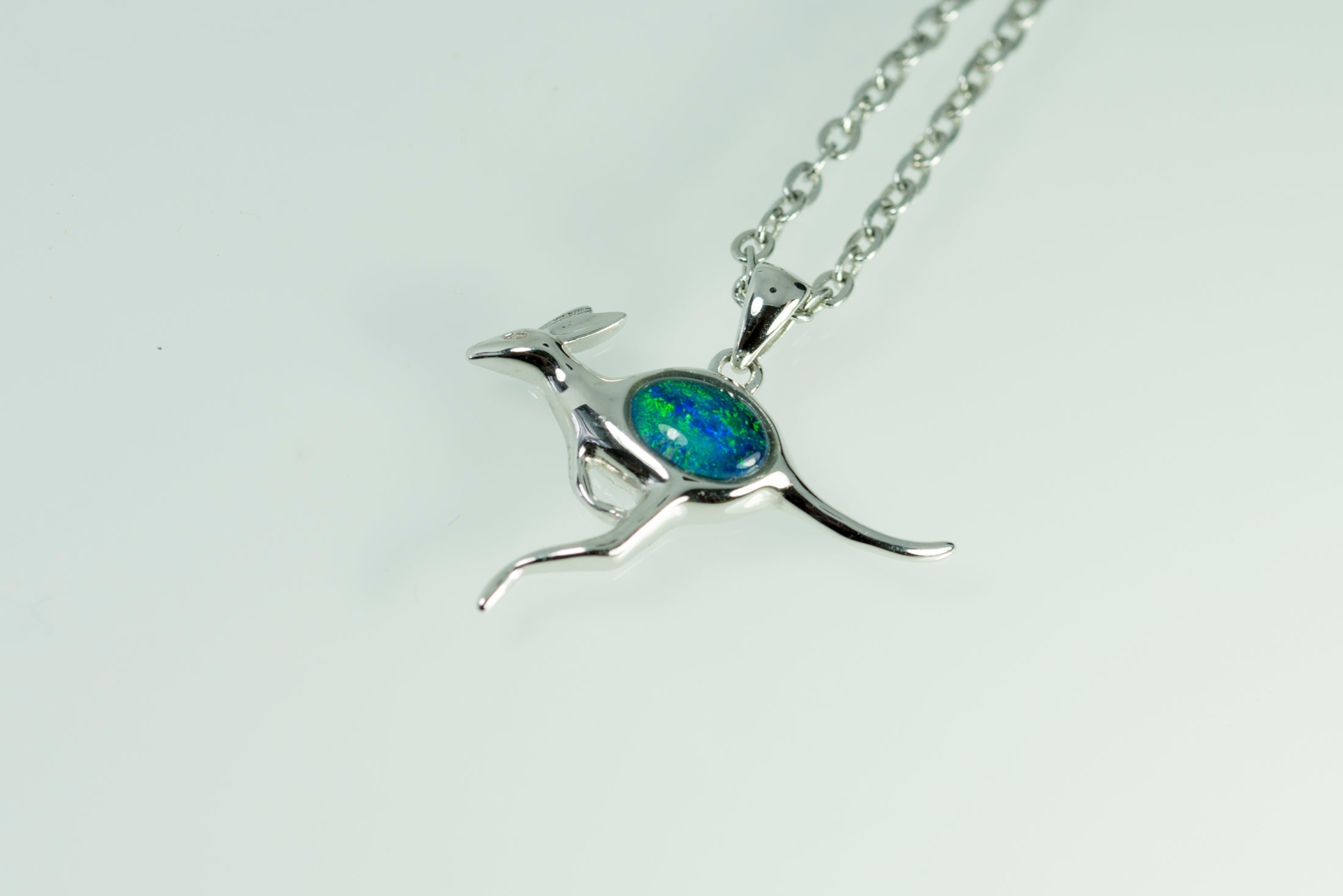 Australian Opal Kangaroo Pendant - Multi Color Fire Opal Necklace - Genuine Australian Triplet Opal Necklace Pendant in Sterling Silver White Gold Plated