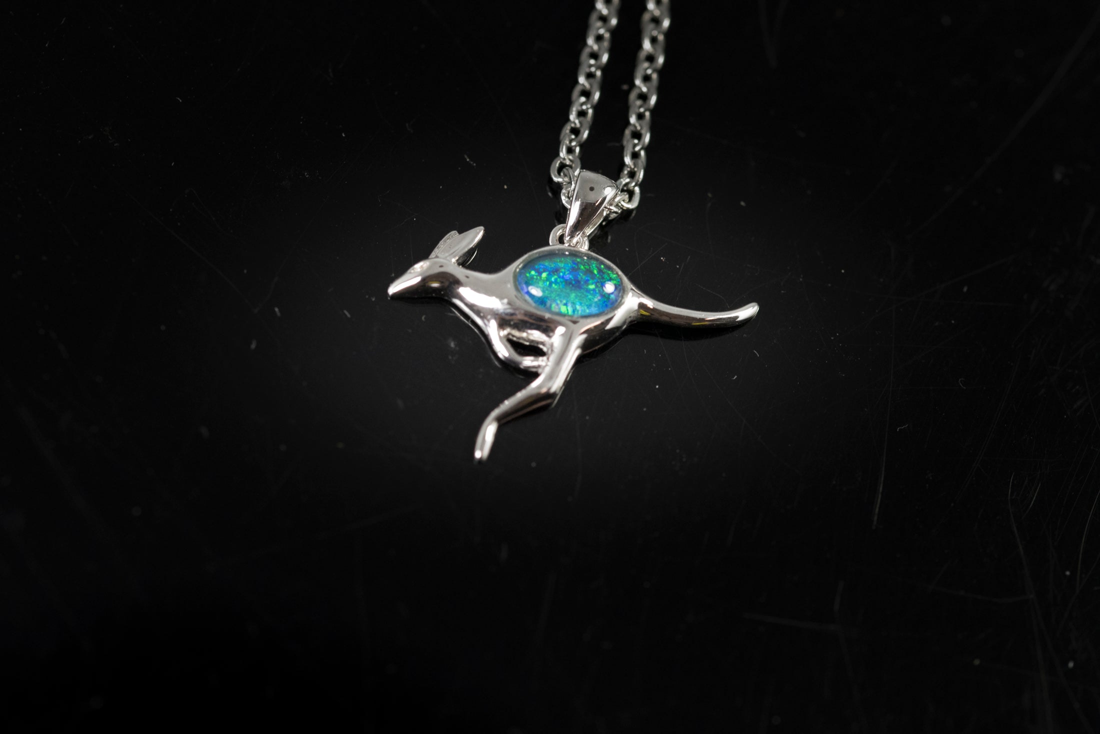 Australian Opal Kangaroo Pendant - Multi Color Fire Opal Necklace - Genuine Australian Triplet Opal Necklace Pendant in Sterling Silver White Gold Plated