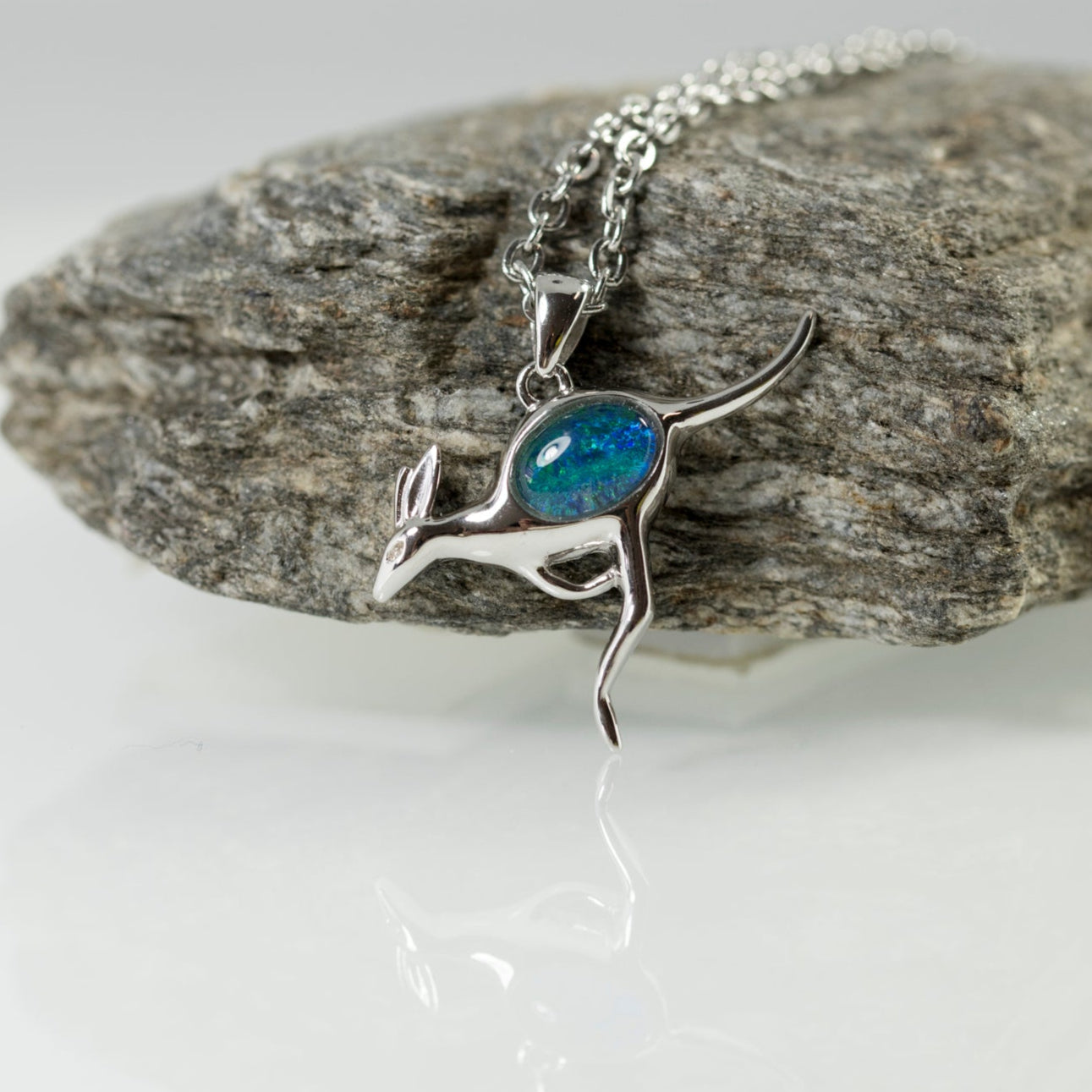 Australian Opal Kangaroo Pendant - Multi Color Fire Opal Necklace - Genuine Australian Triplet Opal Necklace Pendant in Sterling Silver White Gold Plated