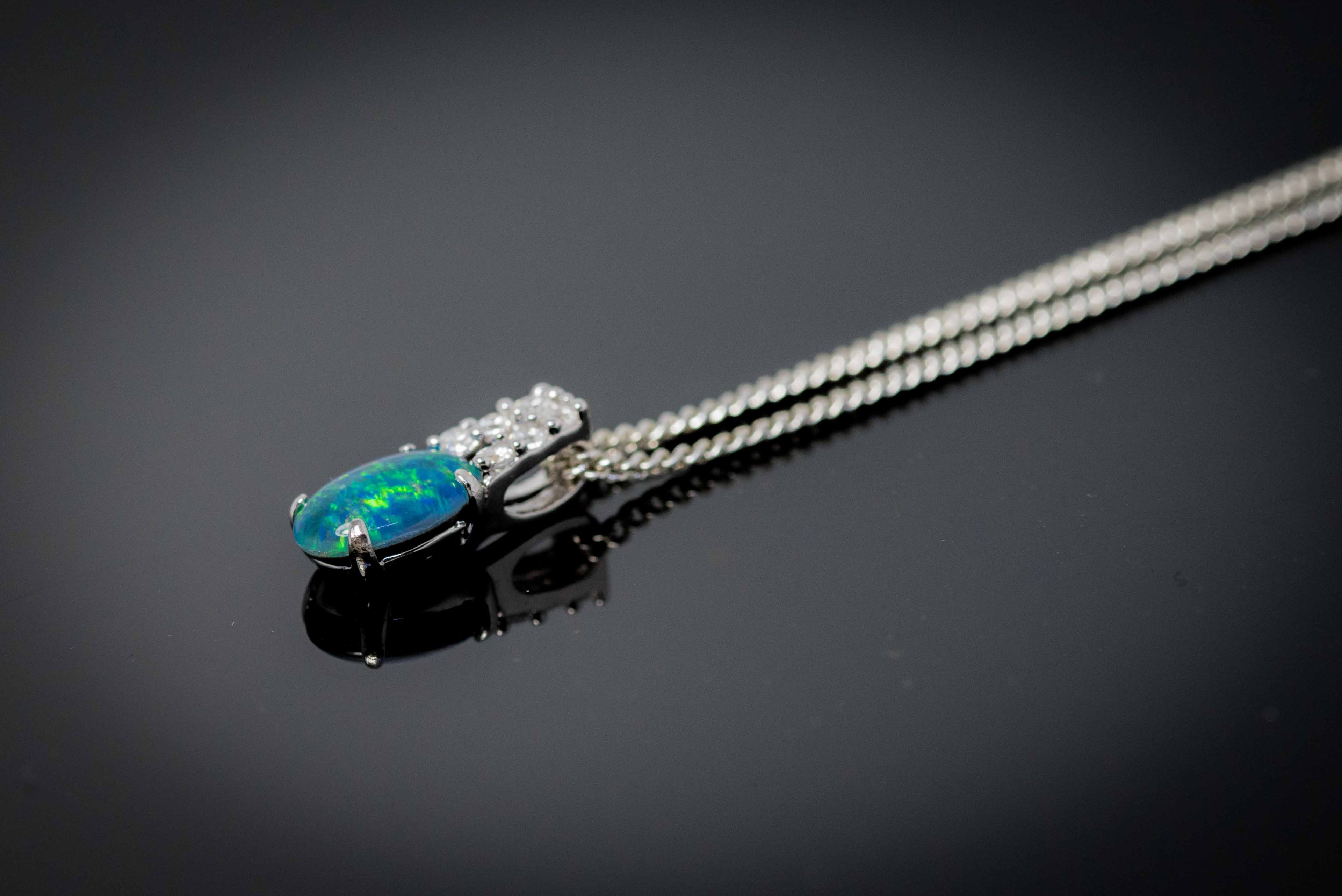 Dainty Green Blue Australian Triplet Opal Necklace - Australian Opal Pendant in Sterling Silver White Gold Plated