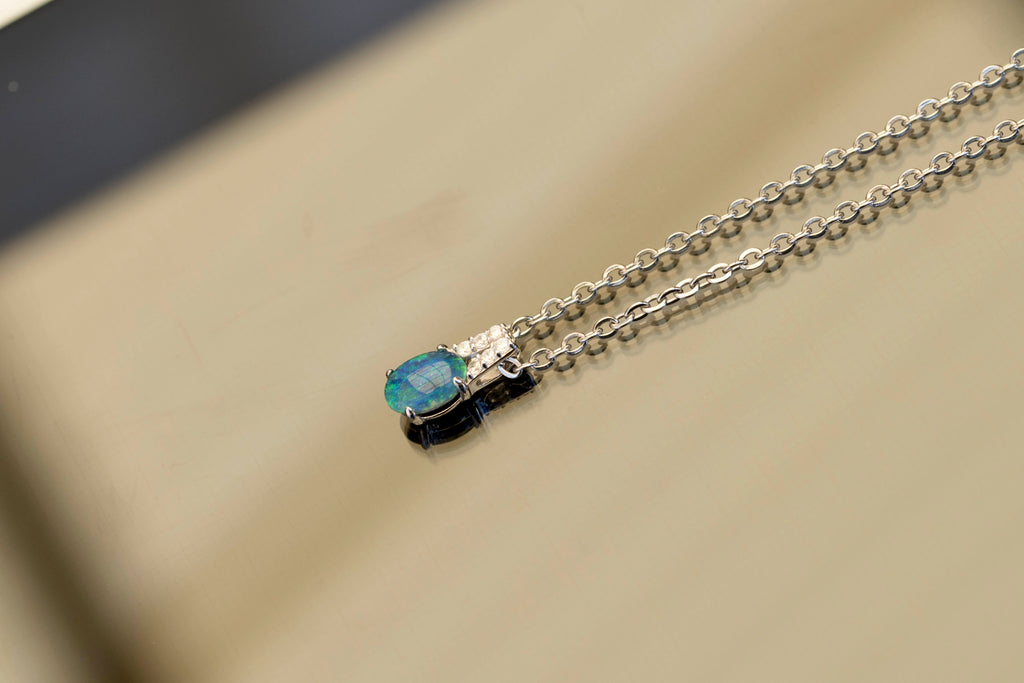 Dainty Green Blue Australian Triplet Opal Necklace - Australian Opal Pendant in Sterling Silver White Gold Plated