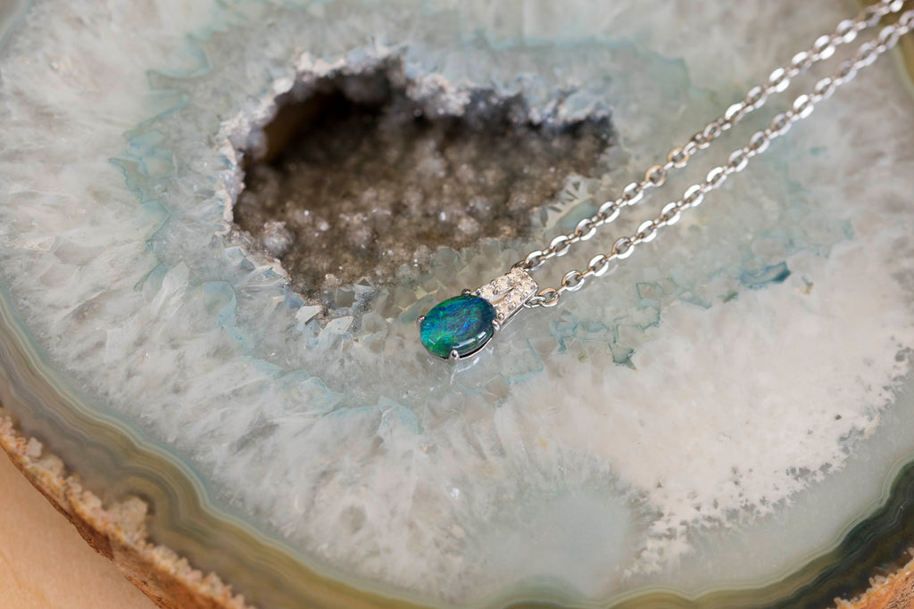 Dainty Green Blue Australian Triplet Opal Necklace - Australian Opal Pendant in Sterling Silver White Gold Plated