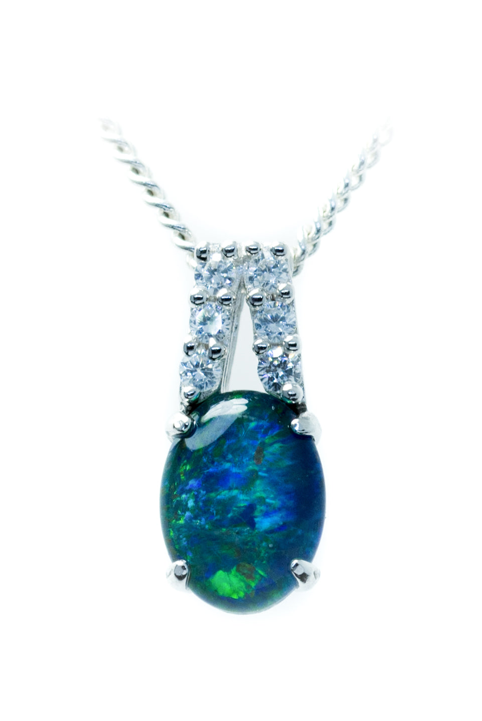Dainty Green Blue Australian Triplet Opal Necklace - Australian Opal Pendant in Sterling Silver White Gold Plated