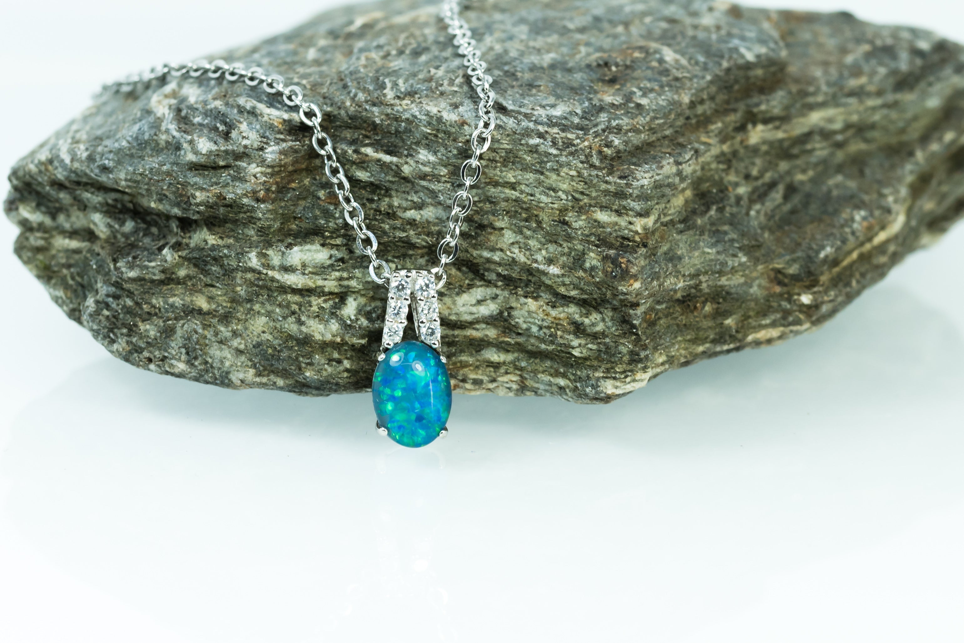 Dainty Green Blue Australian Triplet Opal Necklace - Australian Opal Pendant in Sterling Silver White Gold Plated