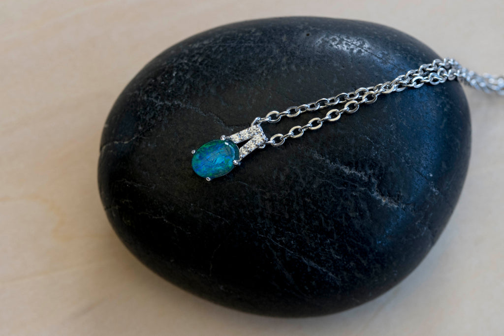 Dainty Green Blue Australian Triplet Opal Necklace - Australian Opal Pendant in Sterling Silver White Gold Plated