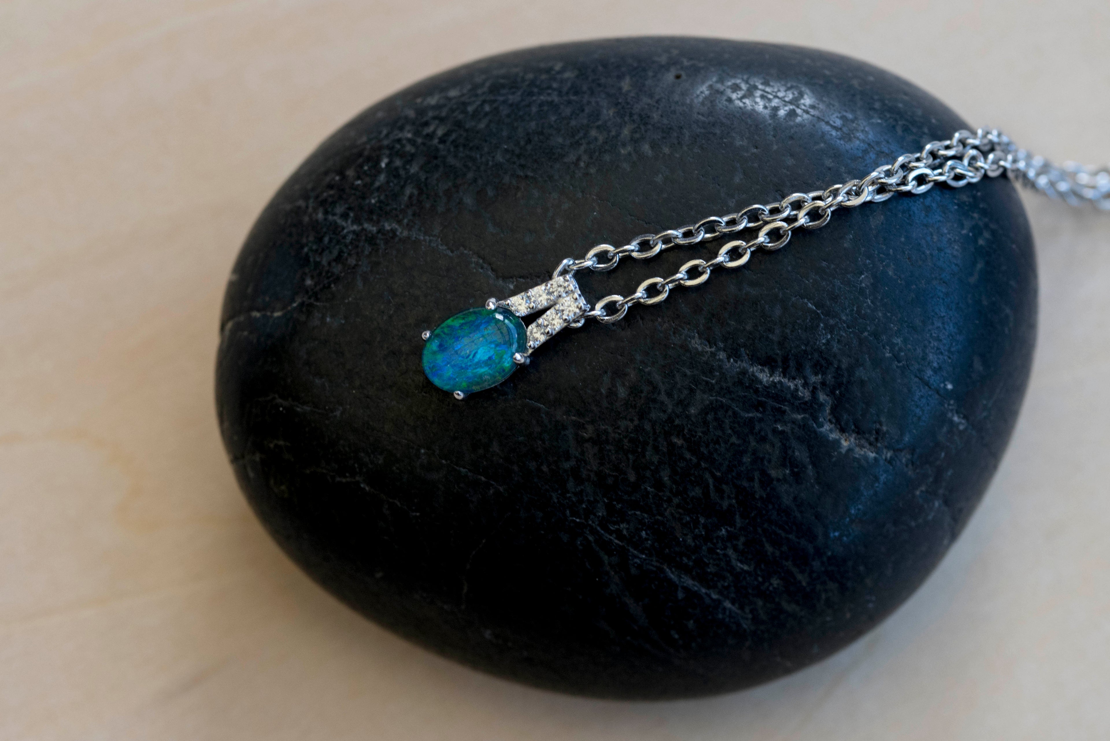 Dainty Green Blue Australian Triplet Opal Necklace - Australian Opal Pendant in Sterling Silver White Gold Plated