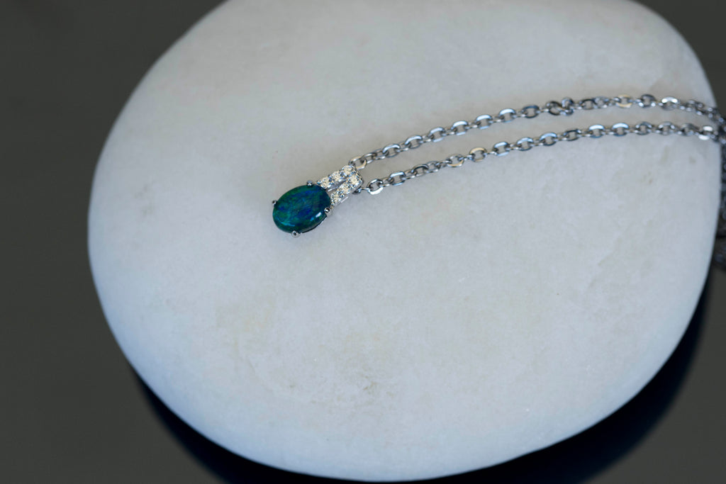 Dainty Green Blue Australian Triplet Opal Necklace - Australian Opal Pendant in Sterling Silver White Gold Plated