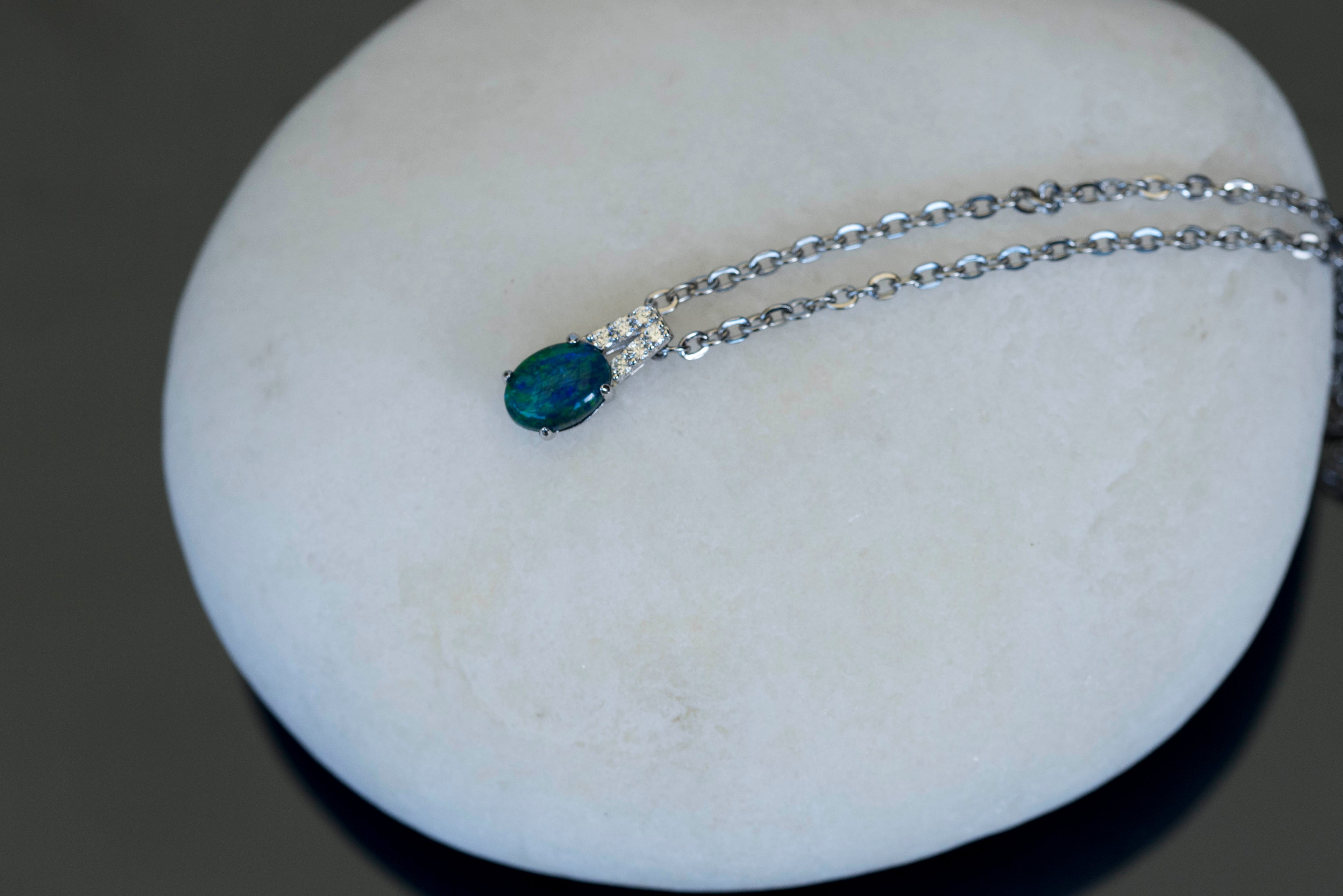 Dainty Green Blue Australian Triplet Opal Necklace - Australian Opal Pendant in Sterling Silver White Gold Plated