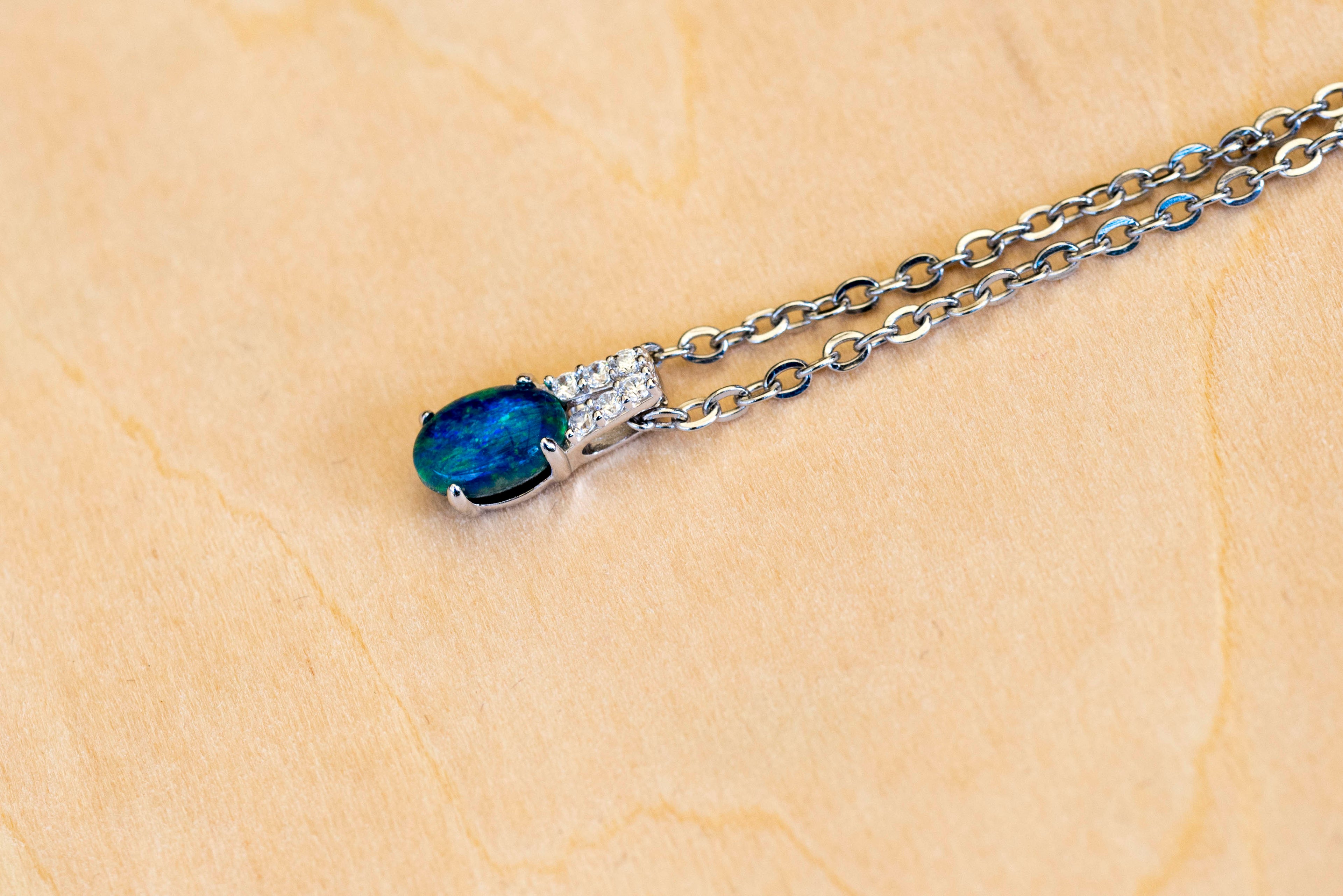 Dainty Green Blue Australian Triplet Opal Necklace - Australian Opal Pendant in Sterling Silver White Gold Plated
