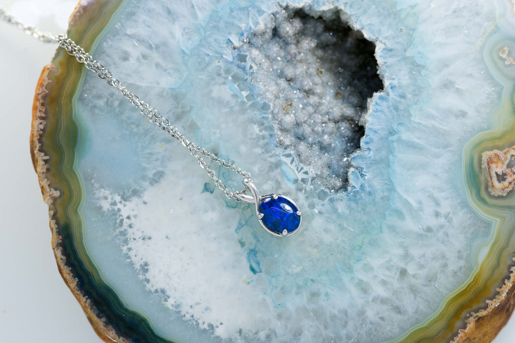 Danity Australia Triplet Opal Necklace - Ocean Blue Opal Pendant - Genuine Australian Triplet Opal Necklace Pendant in Sterling Silver White Gold Plated