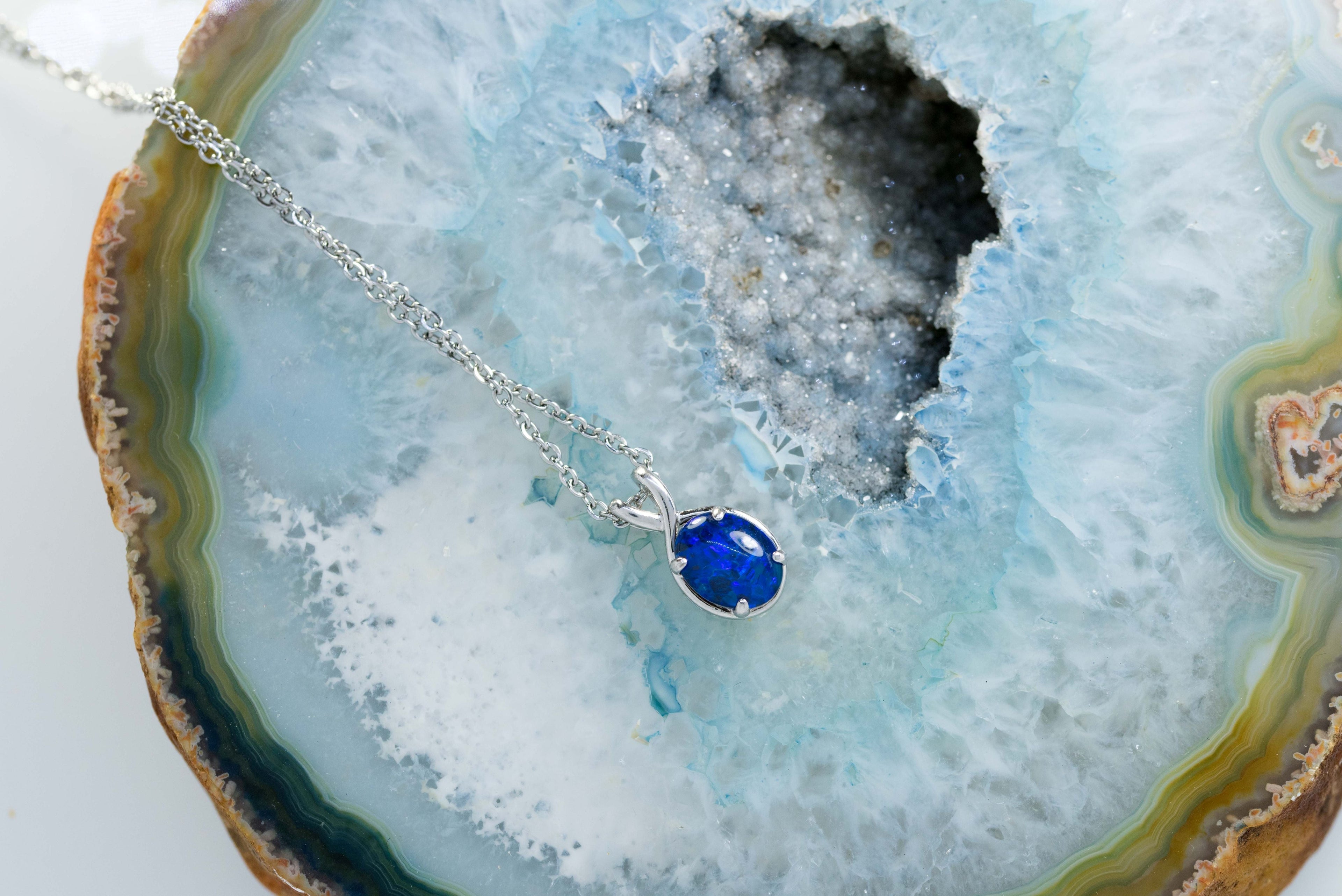 Danity Australia Triplet Opal Necklace - Ocean Blue Opal Pendant - Genuine Australian Triplet Opal Necklace Pendant in Sterling Silver White Gold Plated