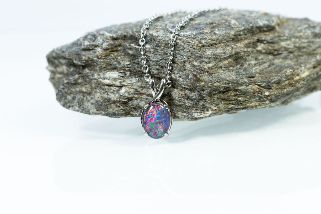 Danity Australia Triplet Opal Necklace - Multi Color Pendant - Genuine Australian Triplet Opal Necklace Pendant in Sterling Silver White Gold Plated