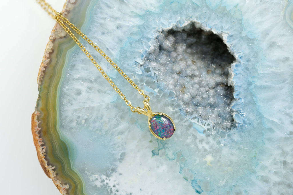 Danity Australia Triplet Opal Necklace - Multi Color Opal Pendant - Genuine Australian Triplet Opal Necklace Pendant in Sterling Silver Yellow Gold Plated
