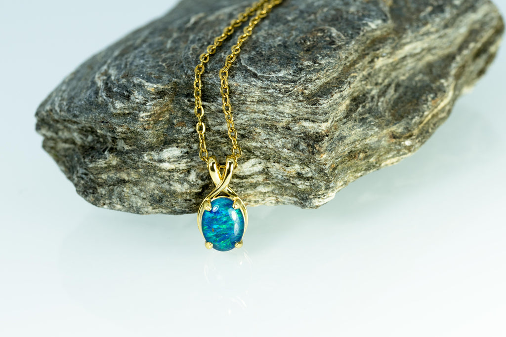 Danity Australia Triplet Opal Necklace - Green Blue Opal Pendant - Genuine Australian Triplet Opal Necklace Pendant in Sterling Silver Yellow Gold Plated