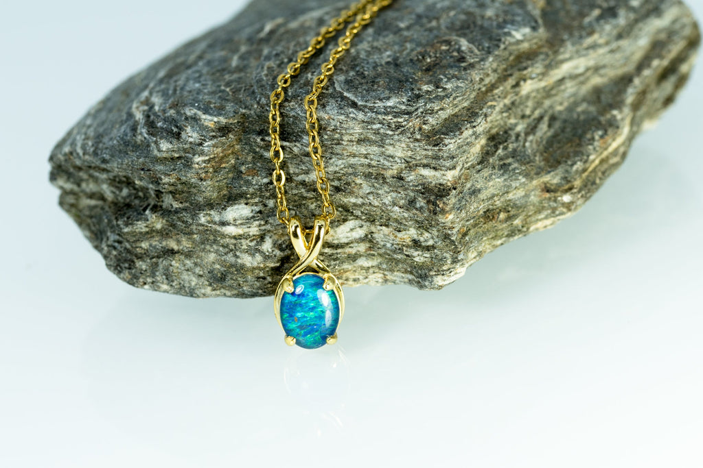 Danity Australia Triplet Opal Necklace - Green Blue Opal Pendant - Genuine Australian Triplet Opal Necklace Pendant in Sterling Silver Yellow Gold Plated