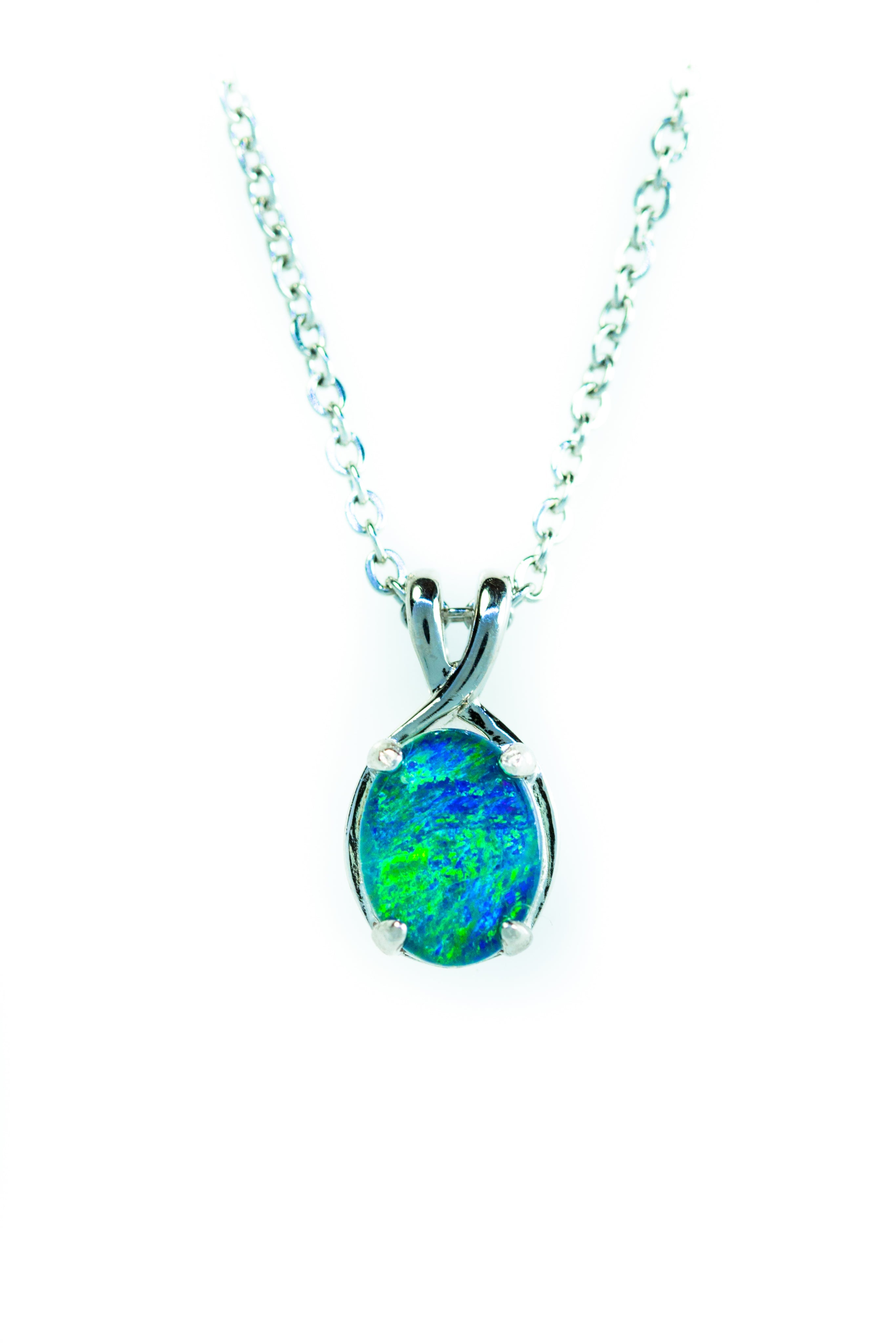 Danity Australia Triplet Opal Necklace - Green Blue Opal Pendant - Genuine Australian Triplet Opal Necklace Pendant in Sterling Silver White Gold Plated