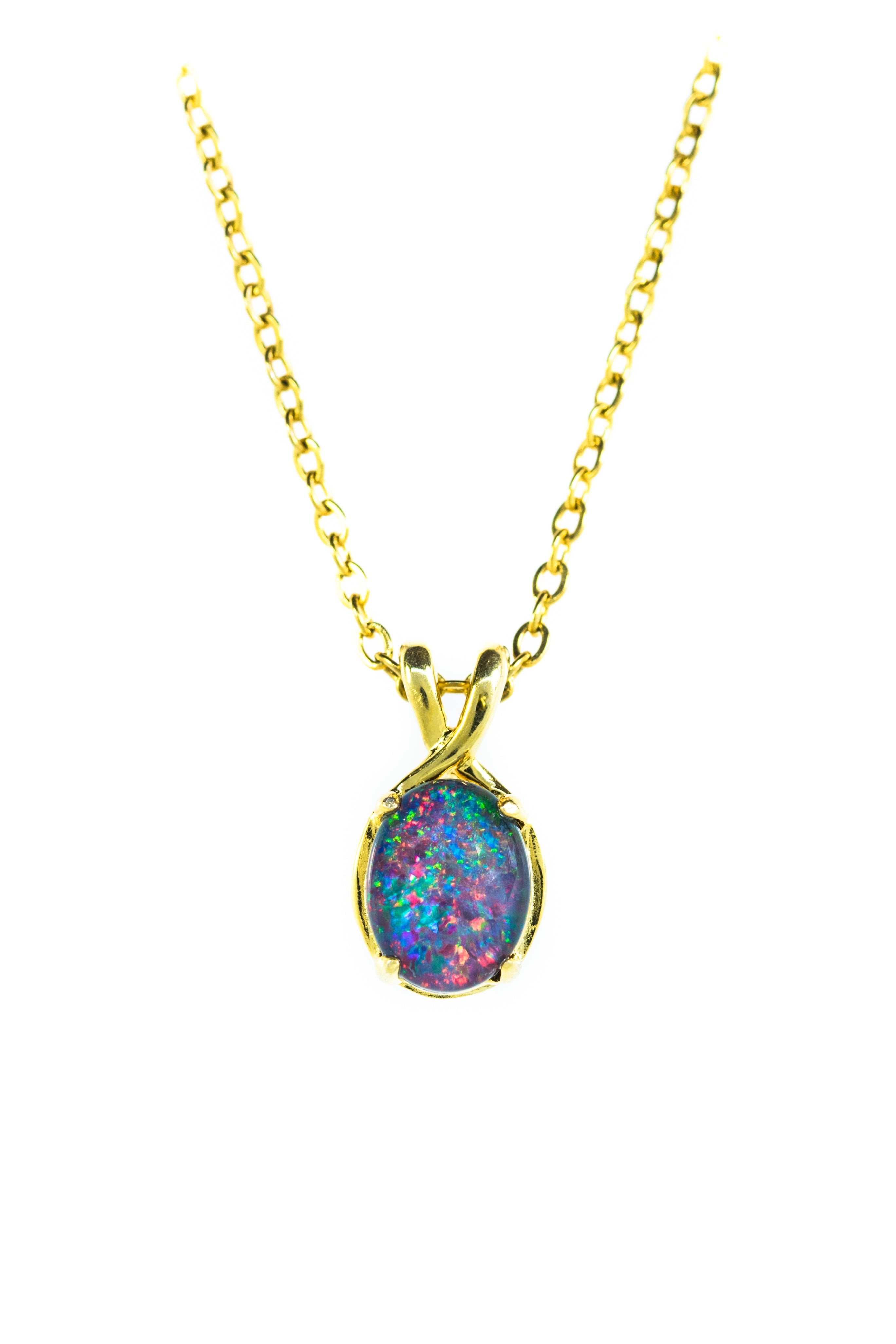 Danity Australia Triplet Opal Necklace - Multi Color Opal Pendant - Genuine Australian Triplet Opal Necklace Pendant in Sterling Silver Yellow Gold Plated