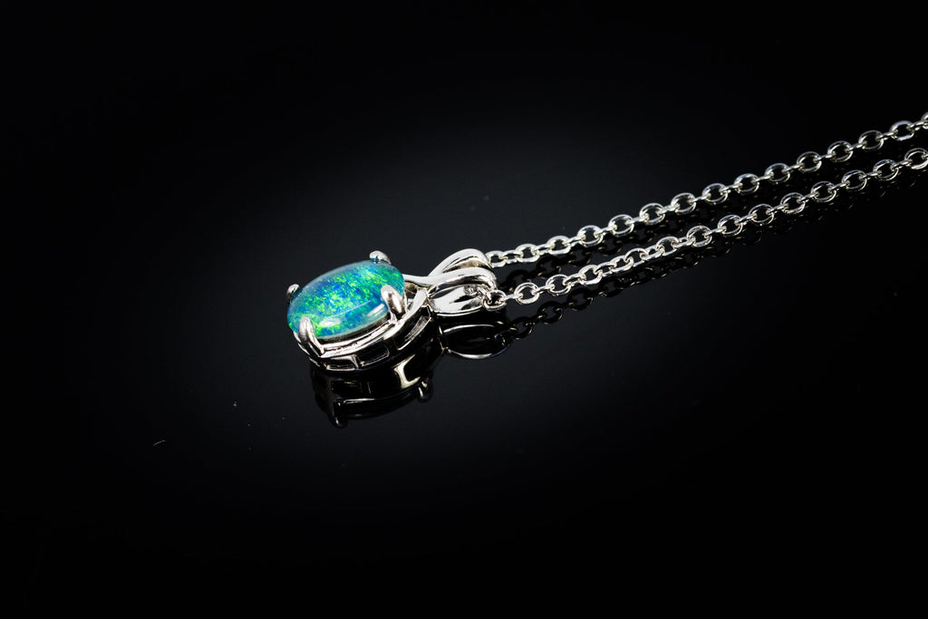 Danity Australia Triplet Opal Necklace - Green Blue Opal Pendant - Genuine Australian Triplet Opal Necklace Pendant in Sterling Silver White Gold Plated
