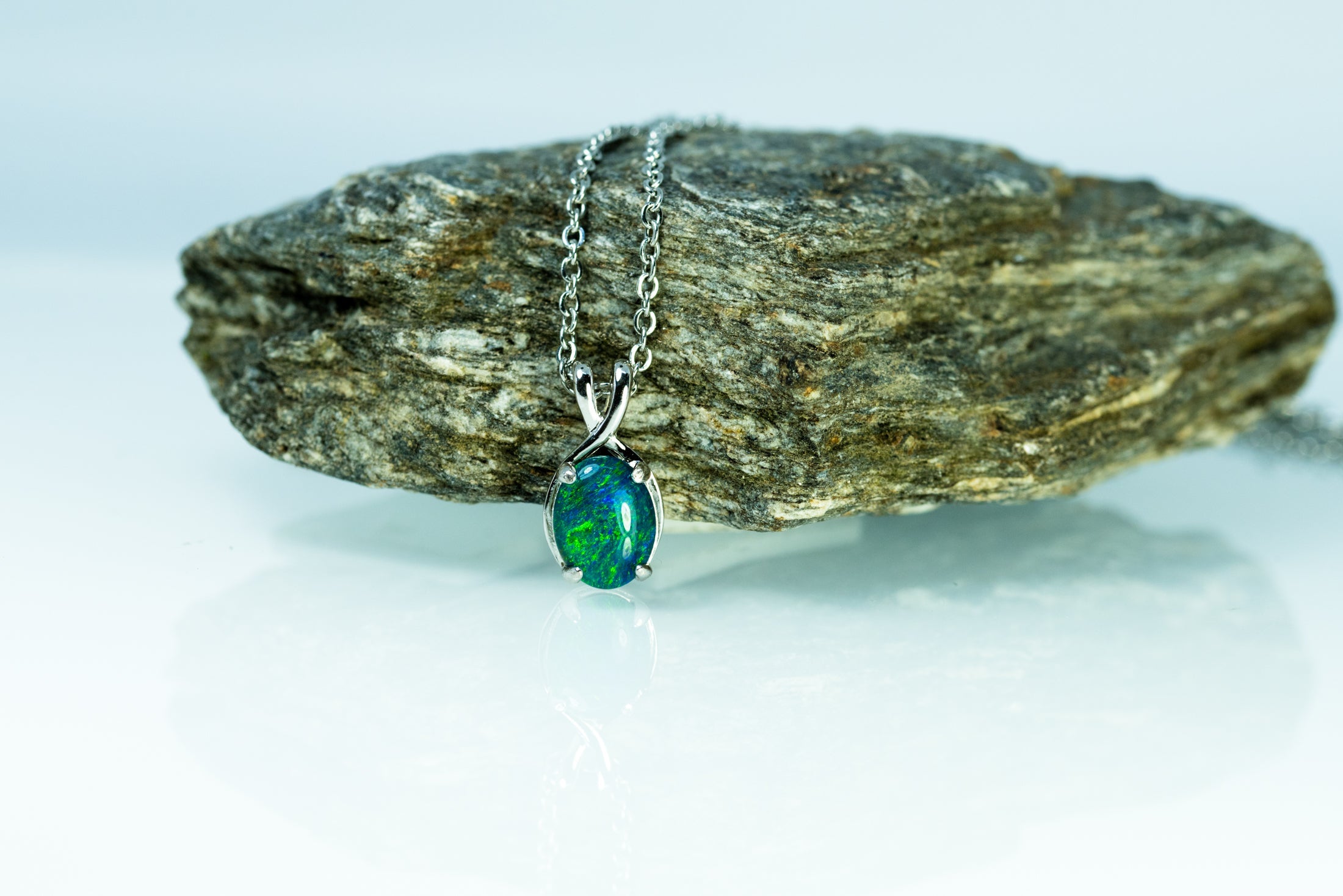 Danity Australia Triplet Opal Necklace - Green Blue Opal Pendant - Genuine Australian Triplet Opal Necklace Pendant in Sterling Silver White Gold Plated