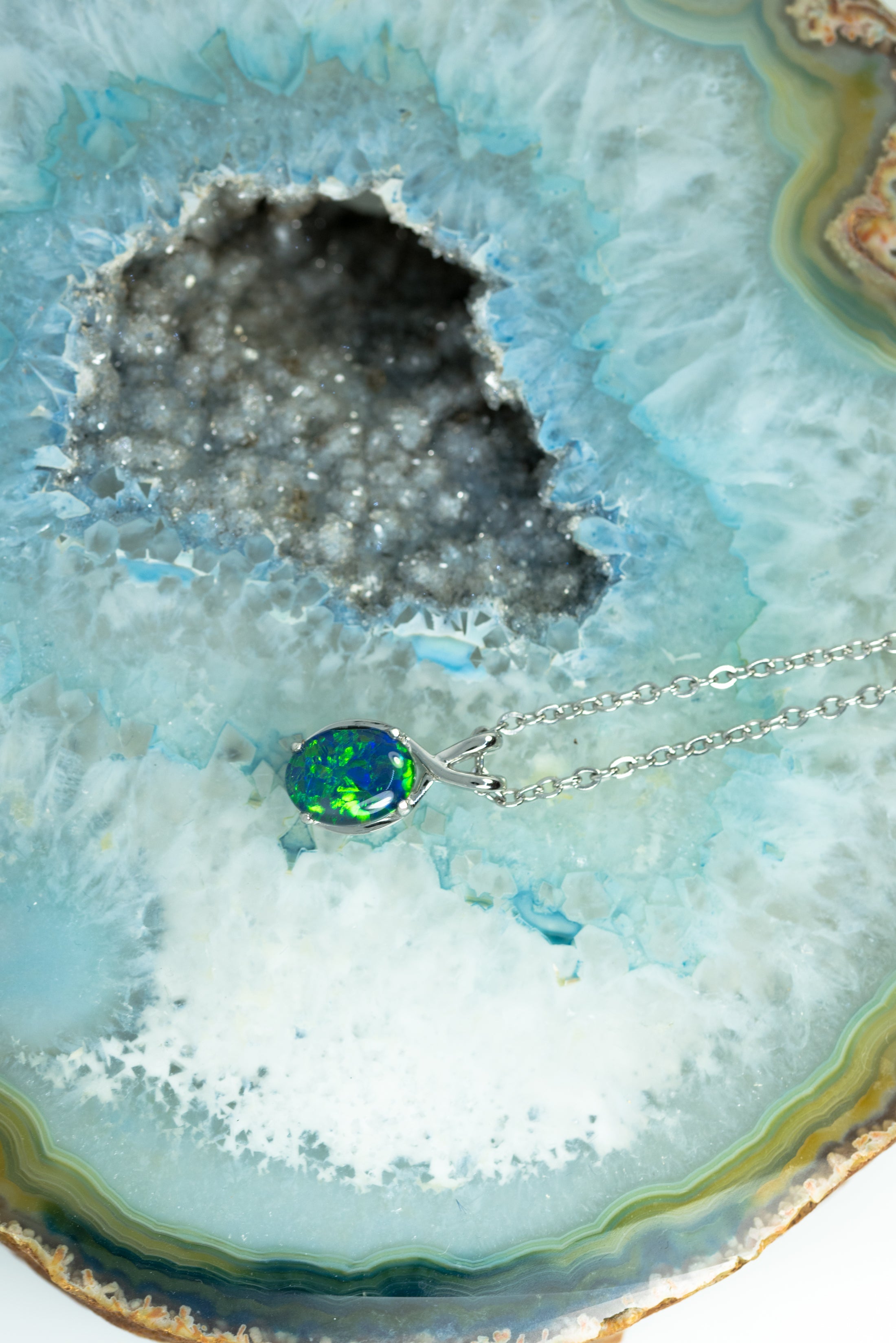 Danity Australia Triplet Opal Necklace - Green Blue Opal Pendant - Genuine Australian Triplet Opal Necklace Pendant in Sterling Silver White Gold Plated