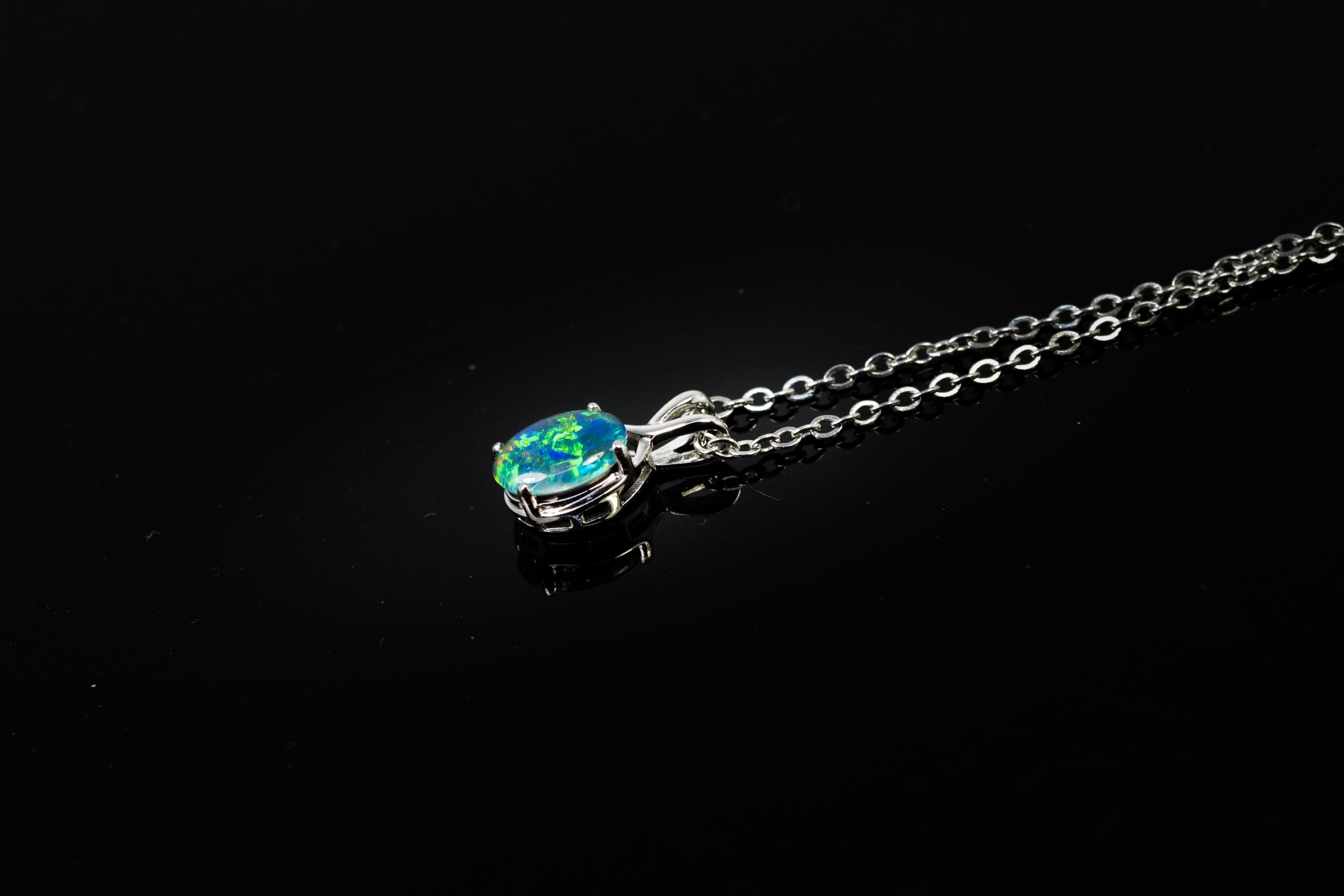 Danity Australia Triplet Opal Necklace - Green Blue Opal Pendant - Genuine Australian Triplet Opal Necklace Pendant in Sterling Silver White Gold Plated