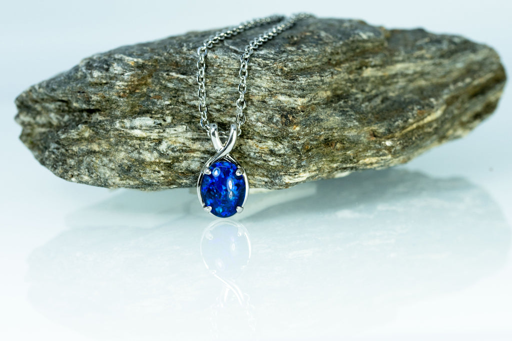 Danity Australia Triplet Opal Necklace - Ocean Blue Opal Pendant - Genuine Australian Triplet Opal Necklace Pendant in Sterling Silver White Gold Plated