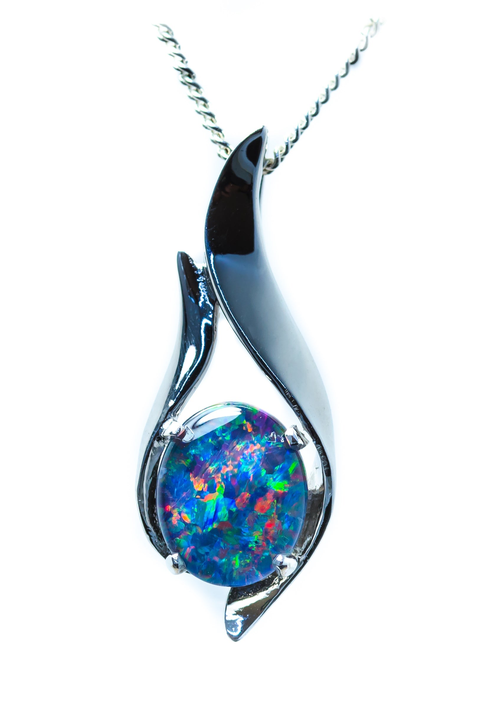Multi Color Australian Black Opal Triplet - Genuine Australian Triplet Opal Necklace Pendant - White Gold Plated on Sterling Silver Women's Jewelry