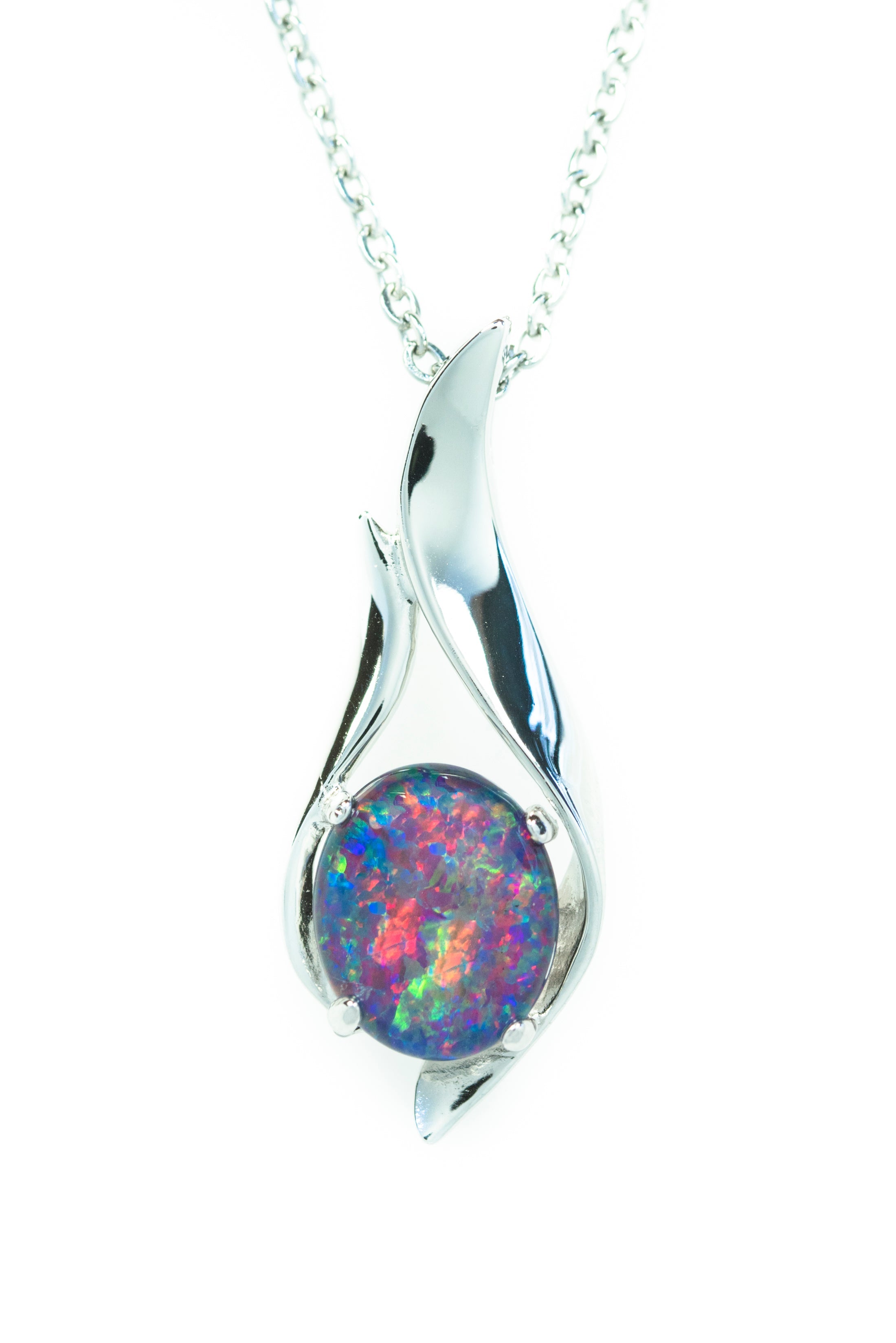 Multi Color Australian Black Opal Triplet - Genuine Australian Triplet Opal Necklace Pendant - White Gold Plated on Sterling Silver Women's Jewelry