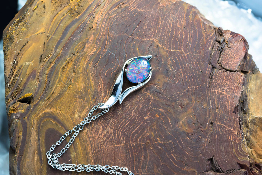Multi Color Australian Black Opal Triplet - Genuine Australian Triplet Opal Necklace Pendant - White Gold Plated on Sterling Silver Women's Jewelry