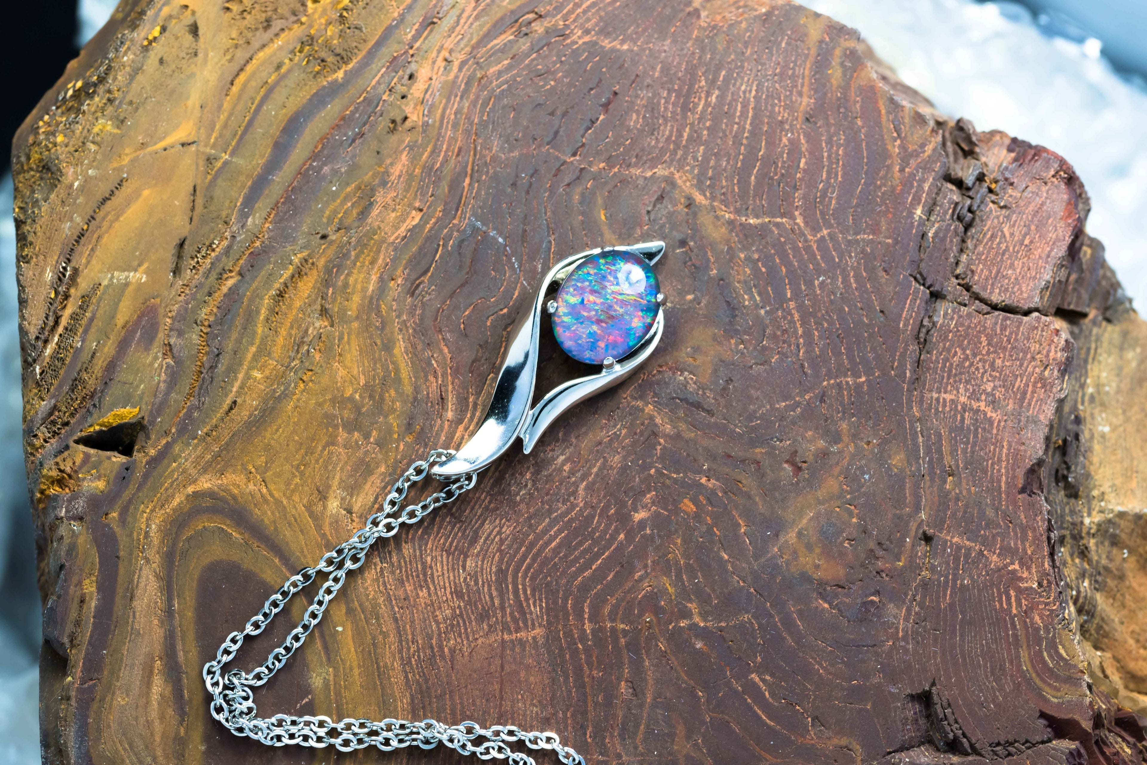 Multi Color Australian Black Opal Triplet - Genuine Australian Triplet Opal Necklace Pendant - White Gold Plated on Sterling Silver Women's Jewelry