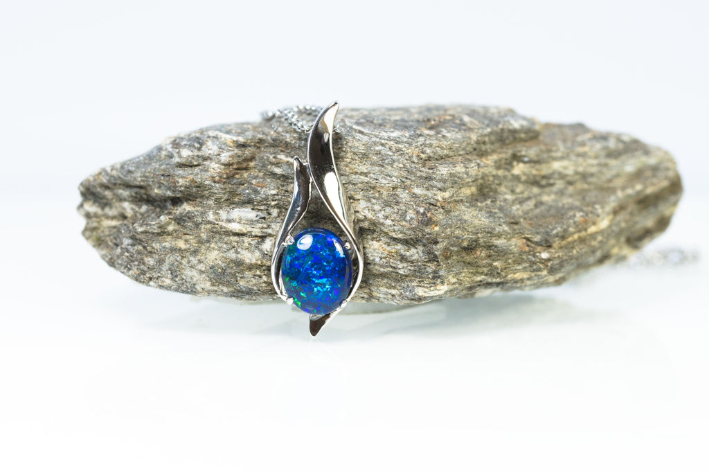 Australian Black Opal Triplet in Ocean Blue Color - Genuine Australian Triplet Opal Necklace Pendant - Elegant Design - White Gold Plated on Sterling Silver Women's Jewelry