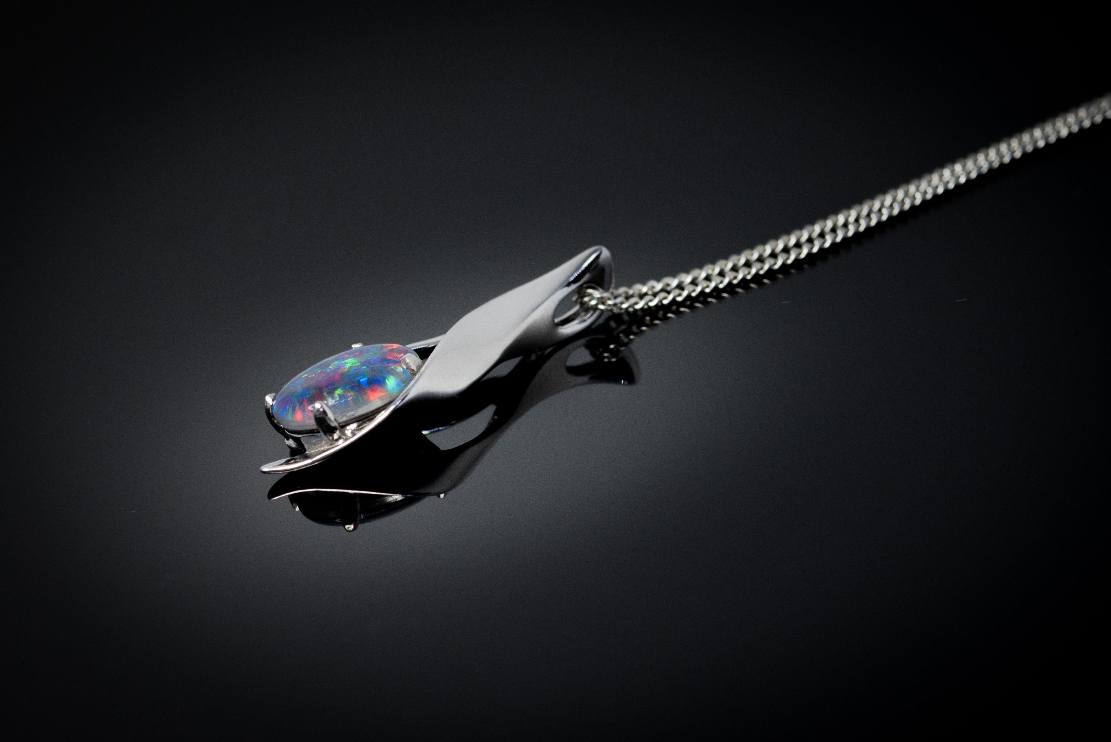 Australian Black Opal Triplet - Genuine Australian Triplet Opal Necklace Pendant - White Gold Plated on Sterling Silver Women's Jewelry