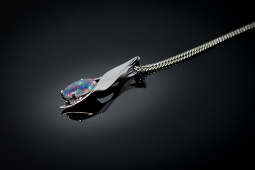 Australian Black Opal Triplet - Genuine Australian Triplet Opal Necklace Pendant - White Gold Plated on Sterling Silver Women's Jewelry