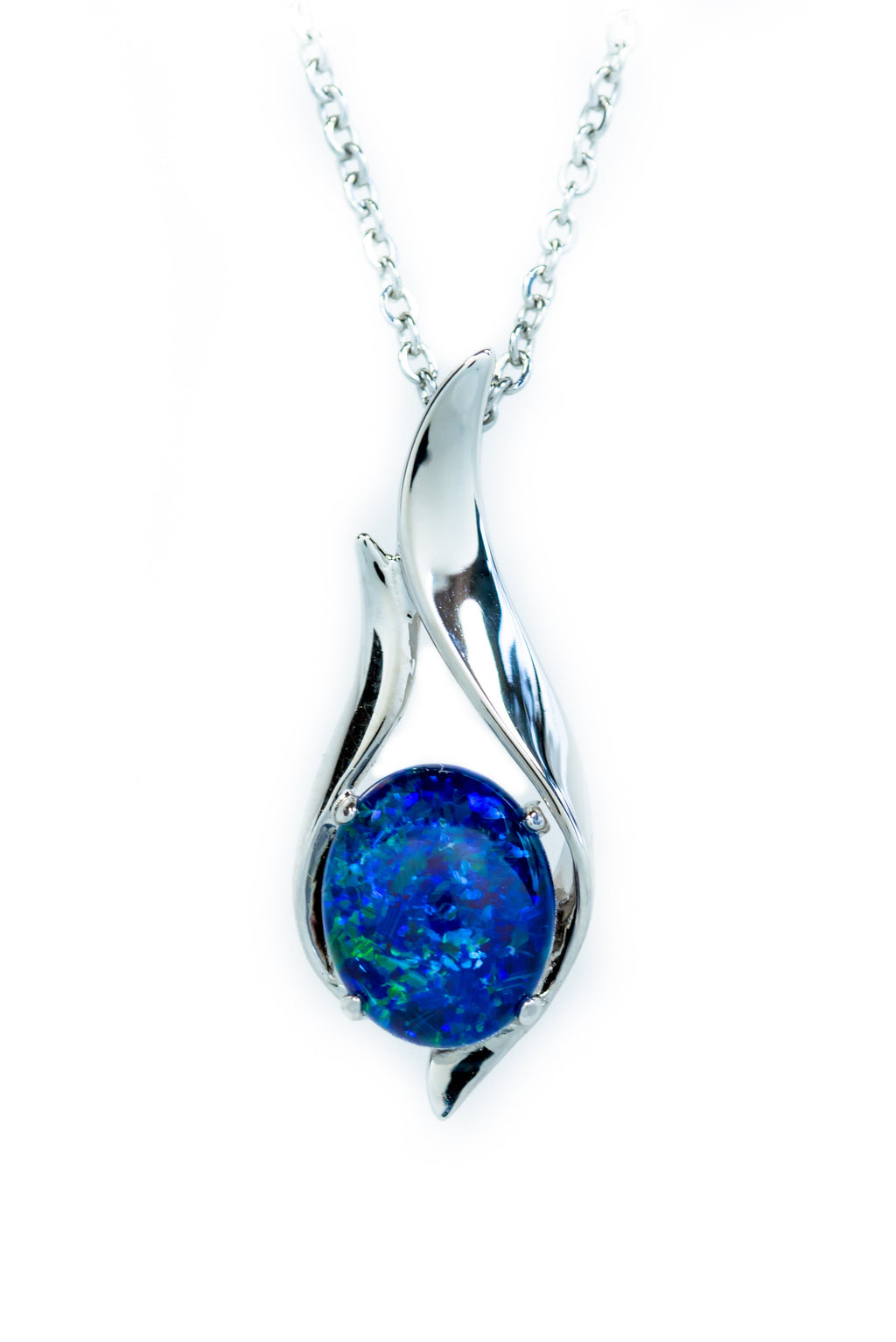 Australian Black Opal Triplet in Ocean Blue Color - Genuine Australian Triplet Opal Necklace Pendant - Elegant Design - White Gold Plated on Sterling Silver Women's Jewelry