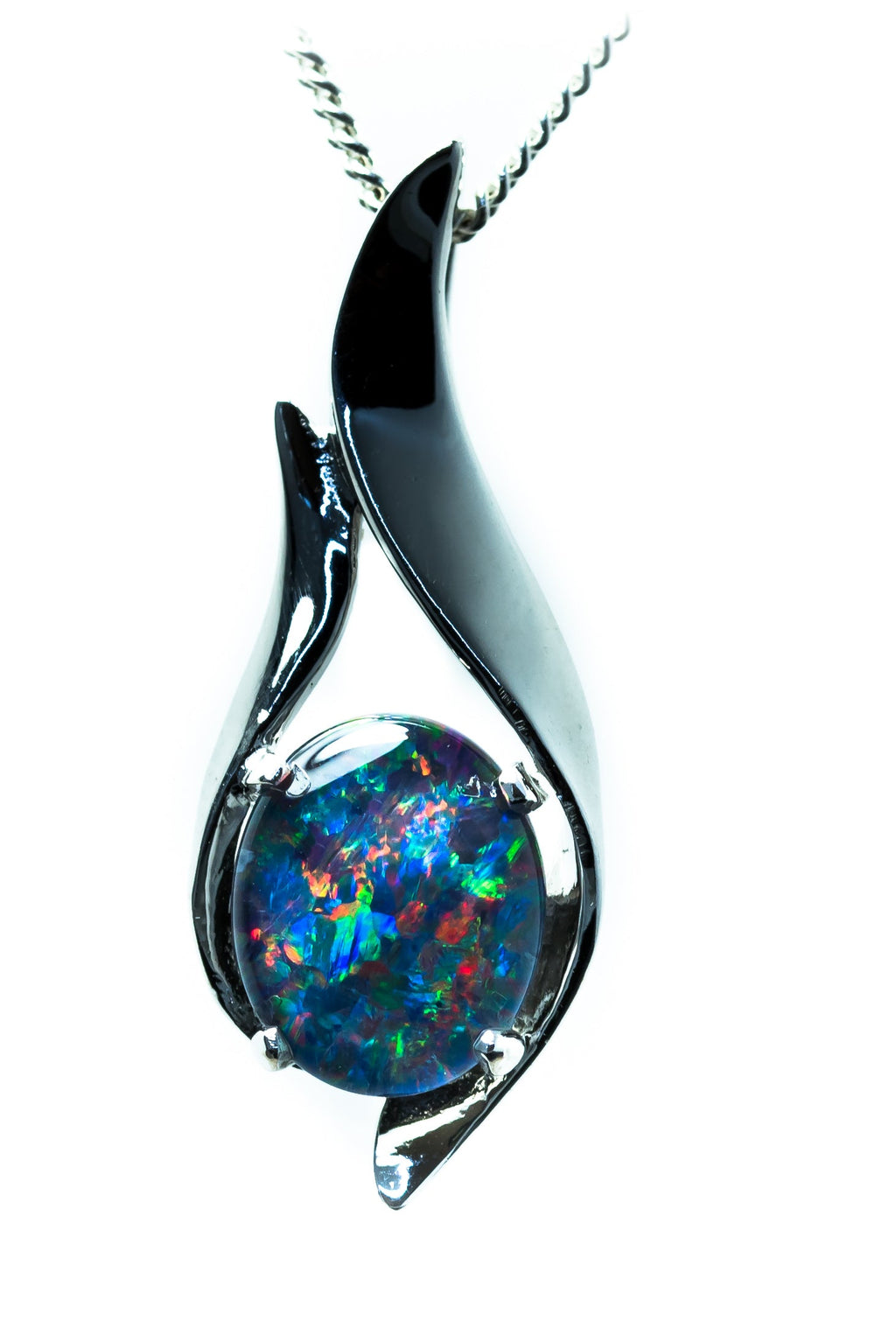 Australian Black Opal Triplet - Genuine Australian Triplet Opal Necklace Pendant - White Gold Plated on Sterling Silver Women's Jewelry