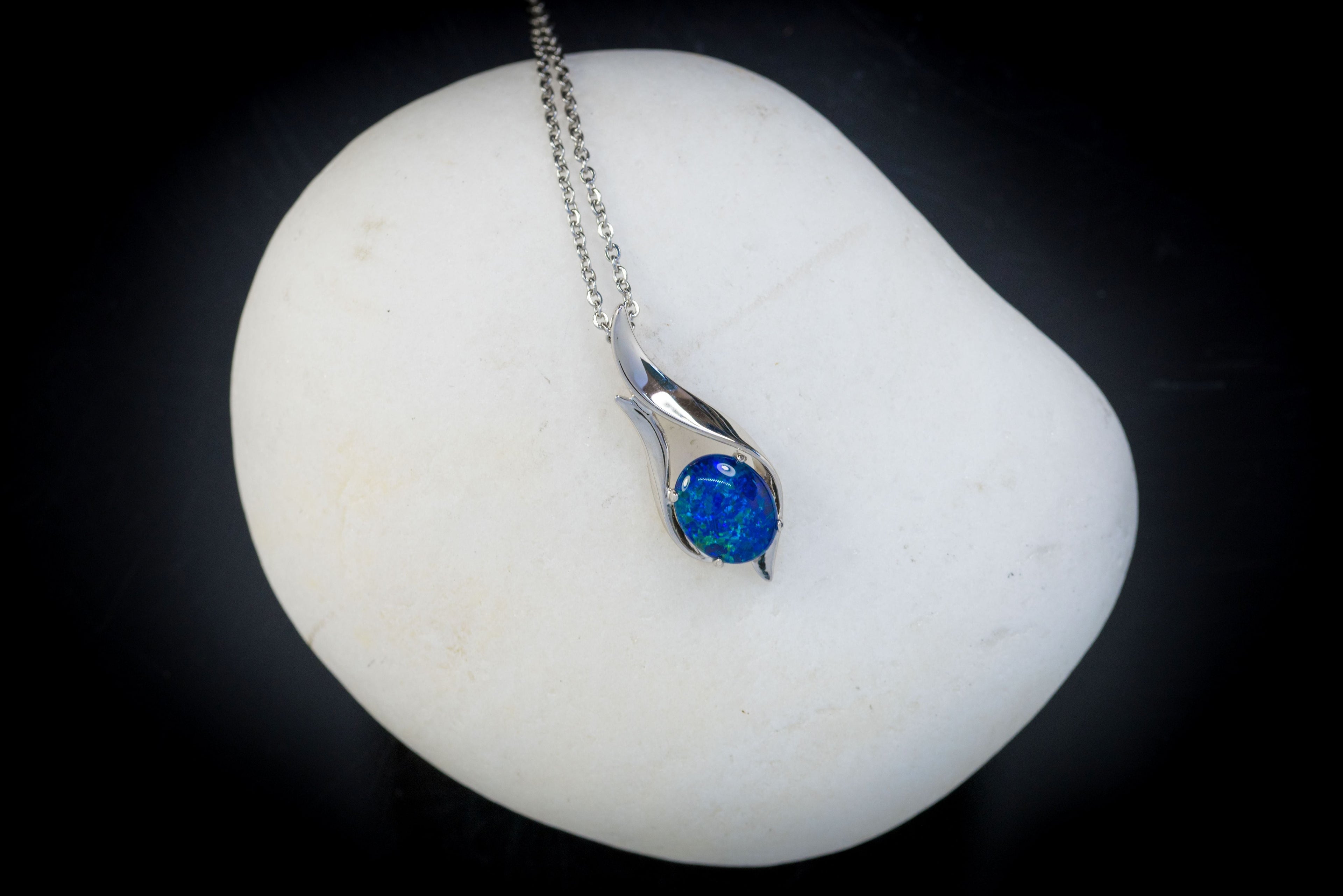 Australian Black Opal Triplet in Ocean Blue Color - Genuine Australian Triplet Opal Necklace Pendant - Elegant Design - White Gold Plated on Sterling Silver Women's Jewelry