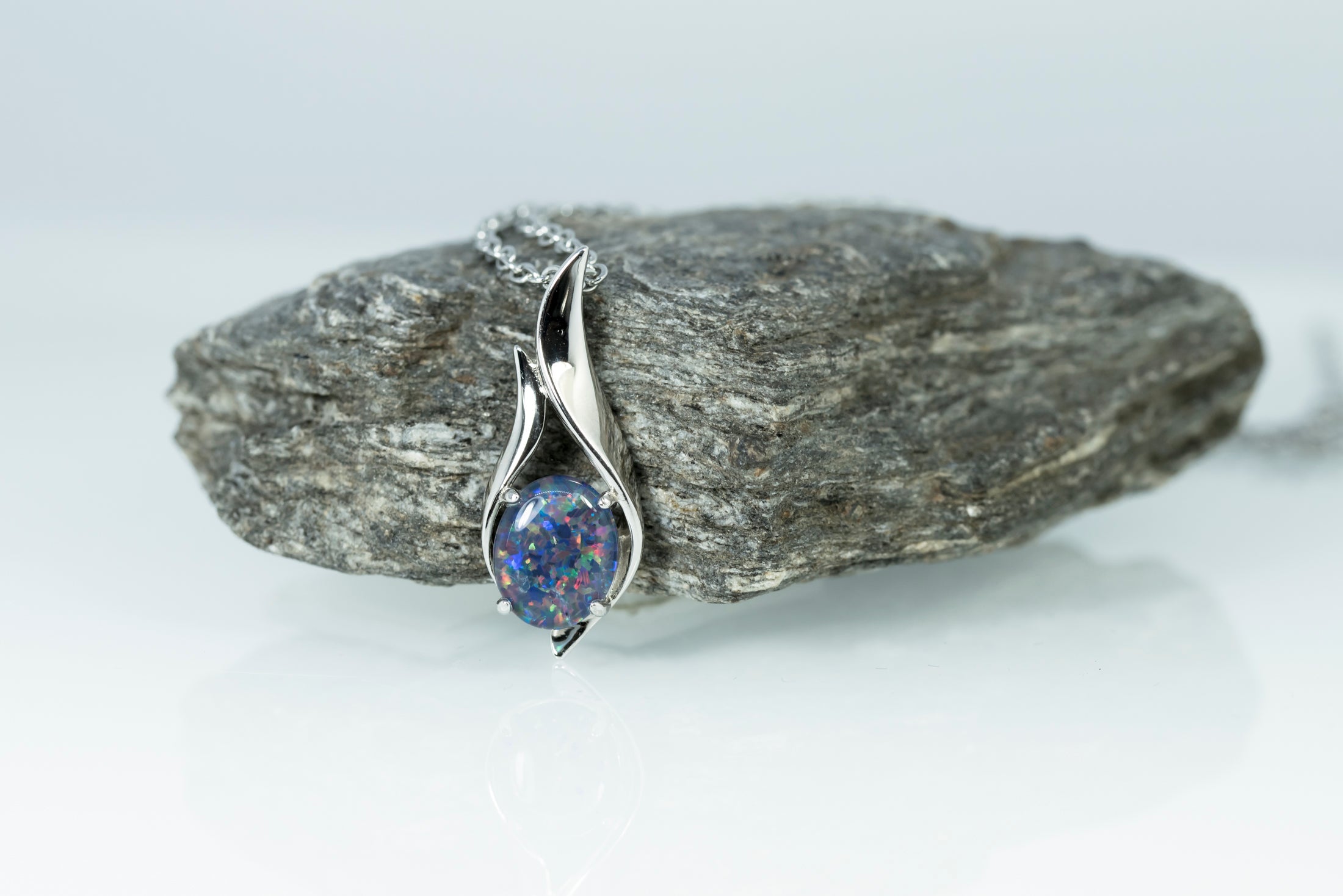 Australian Black Opal Triplet Pendant - Genuine Australian Triplet Opal Necklace - Purple Color - White Gold Plated on Sterling Silver Women's Jewelry