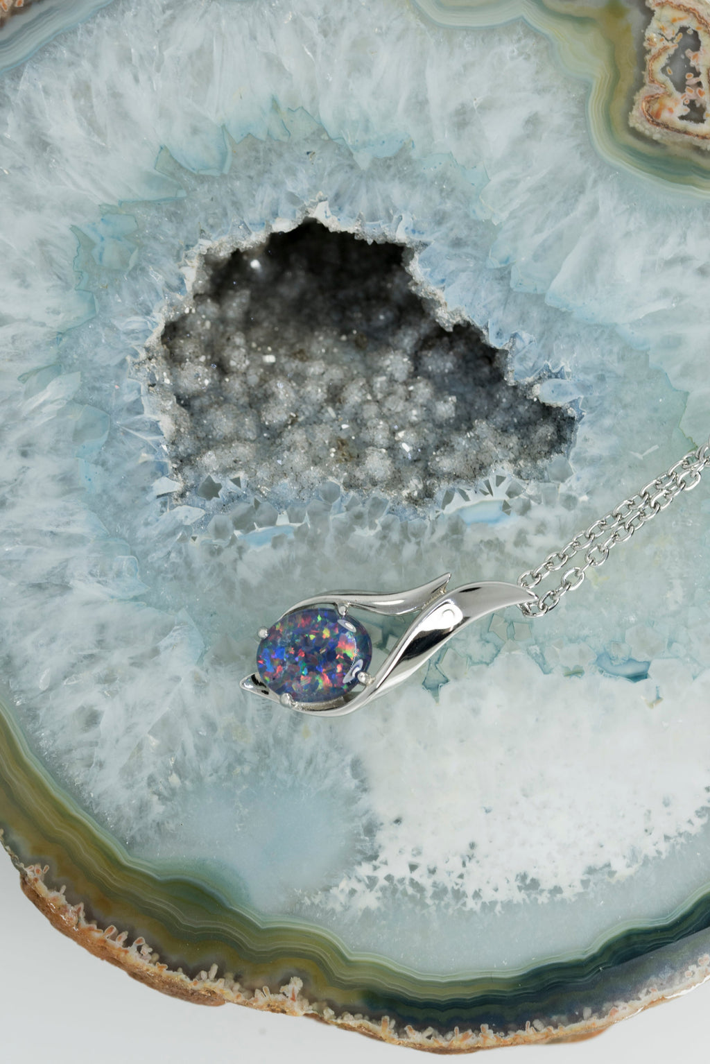 Australian Black Opal Triplet Pendant - Genuine Australian Triplet Opal Necklace - Purple Color - White Gold Plated on Sterling Silver Women's Jewelry